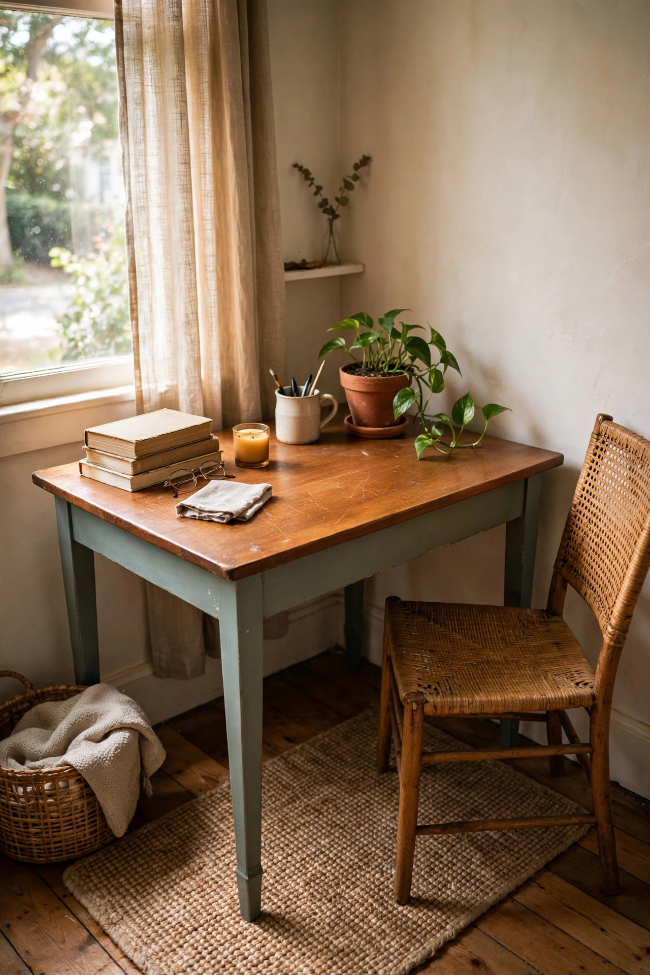 Thrifted wooden writing desk with waxed top in a home office corner