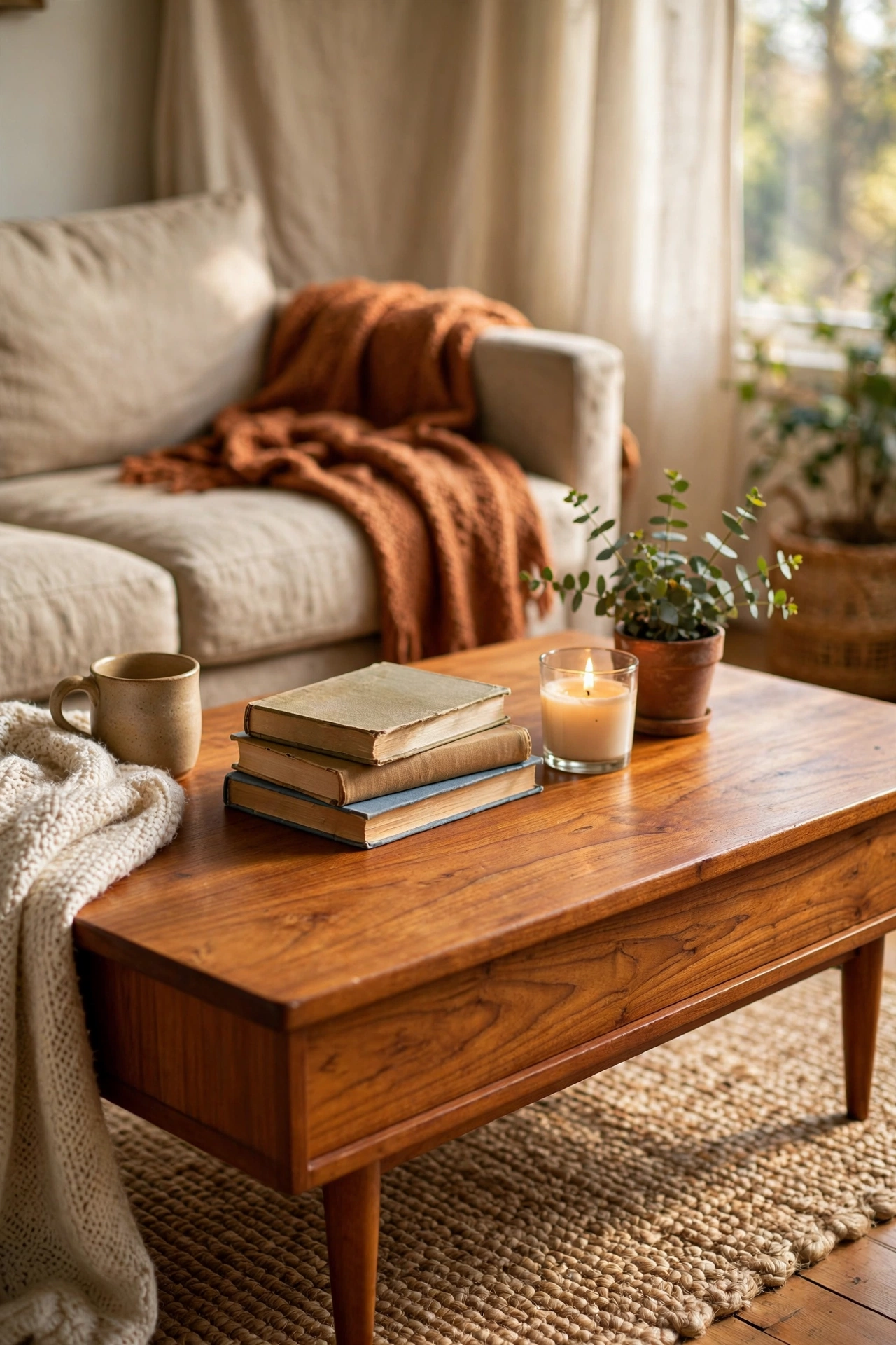 Mid-century coffee table refinished with teak oil in a living room