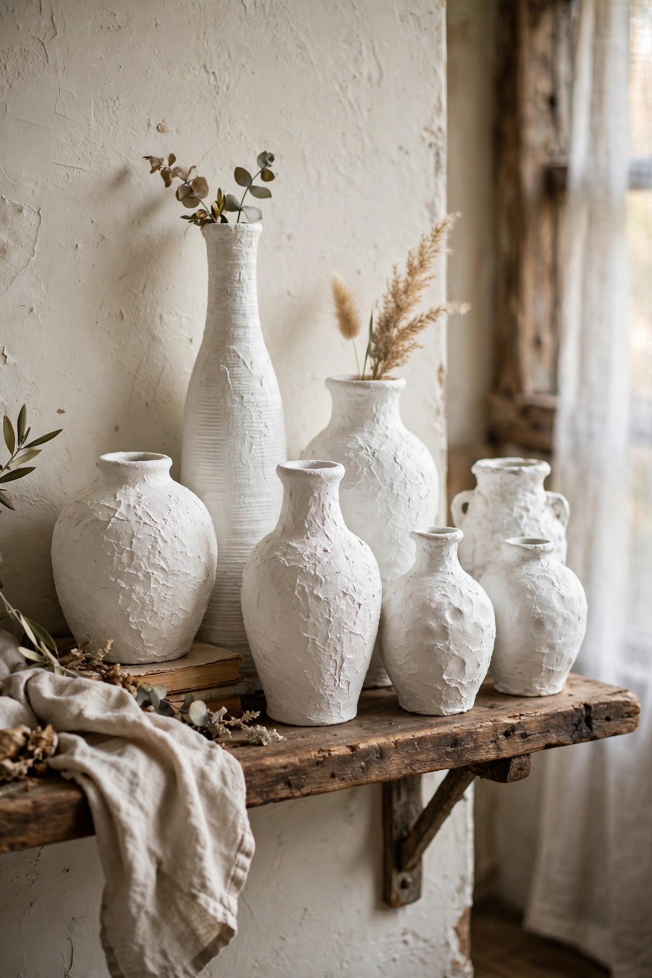 Thrifted ceramic vases with limewash plaster finish on a shelf