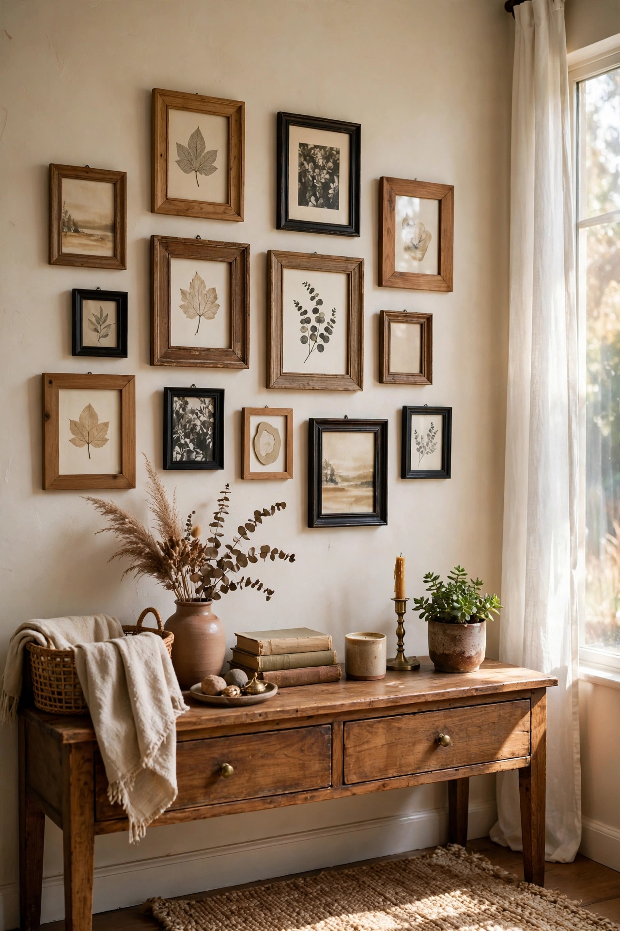 Gallery wall of mismatched thrift store frames above a console table