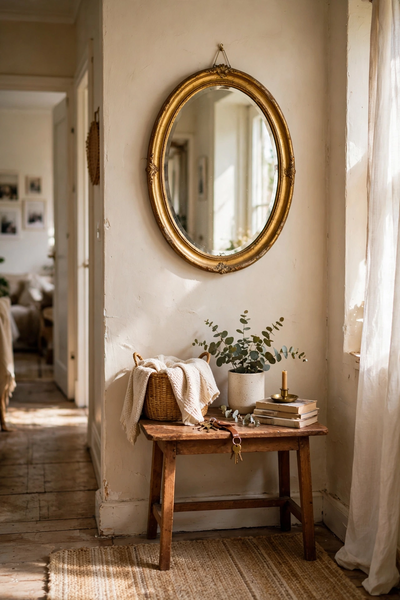 Oval vintage mirror with regilded gold frame in a hallway