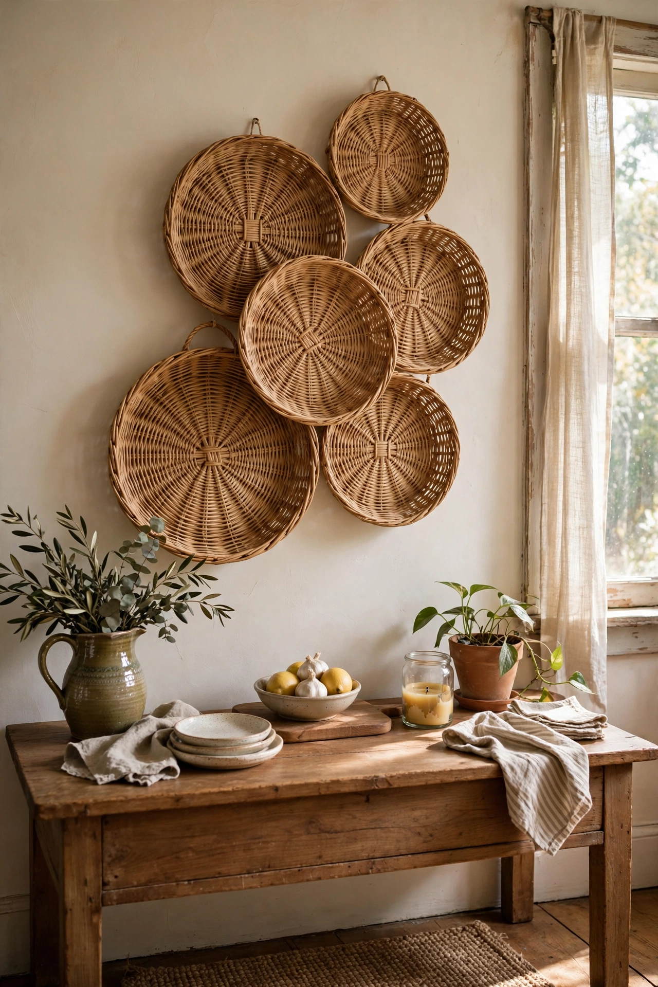 Cluster of flat wicker baskets hung as wall decor in a dining room