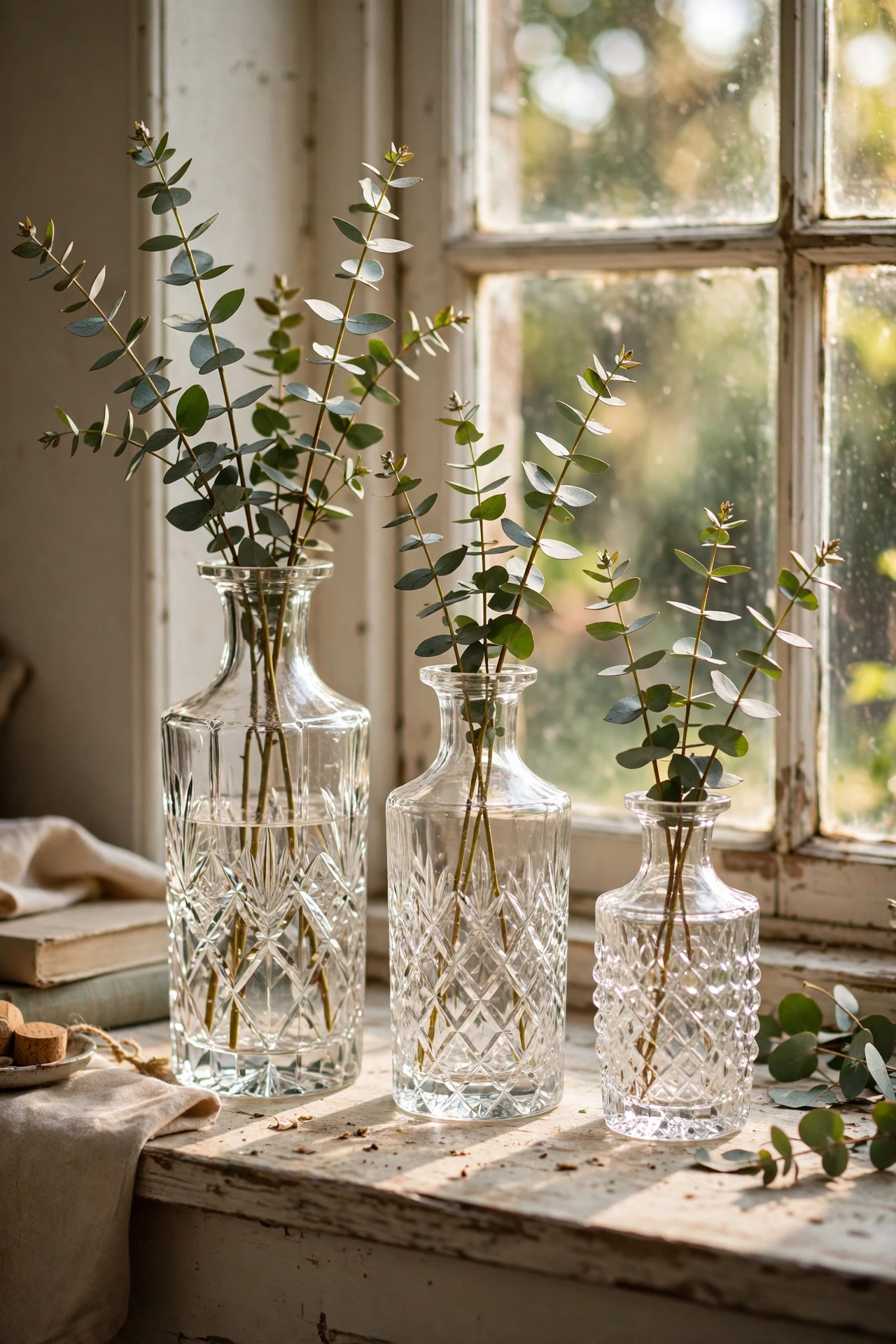 Cut-glass decanters used as bud vases with eucalyptus on a windowsill