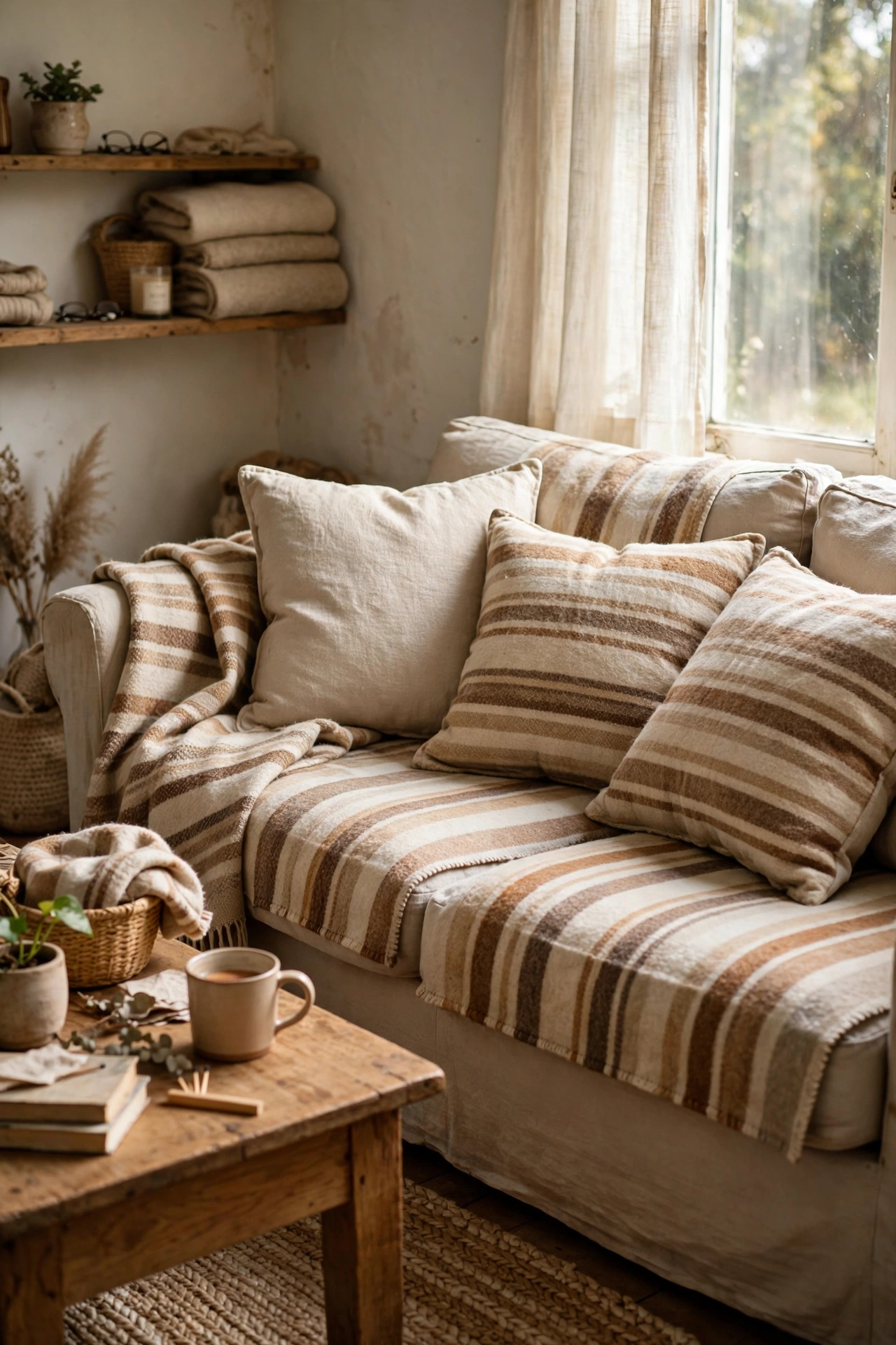 Striped wool blanket cushion covers on a linen sofa