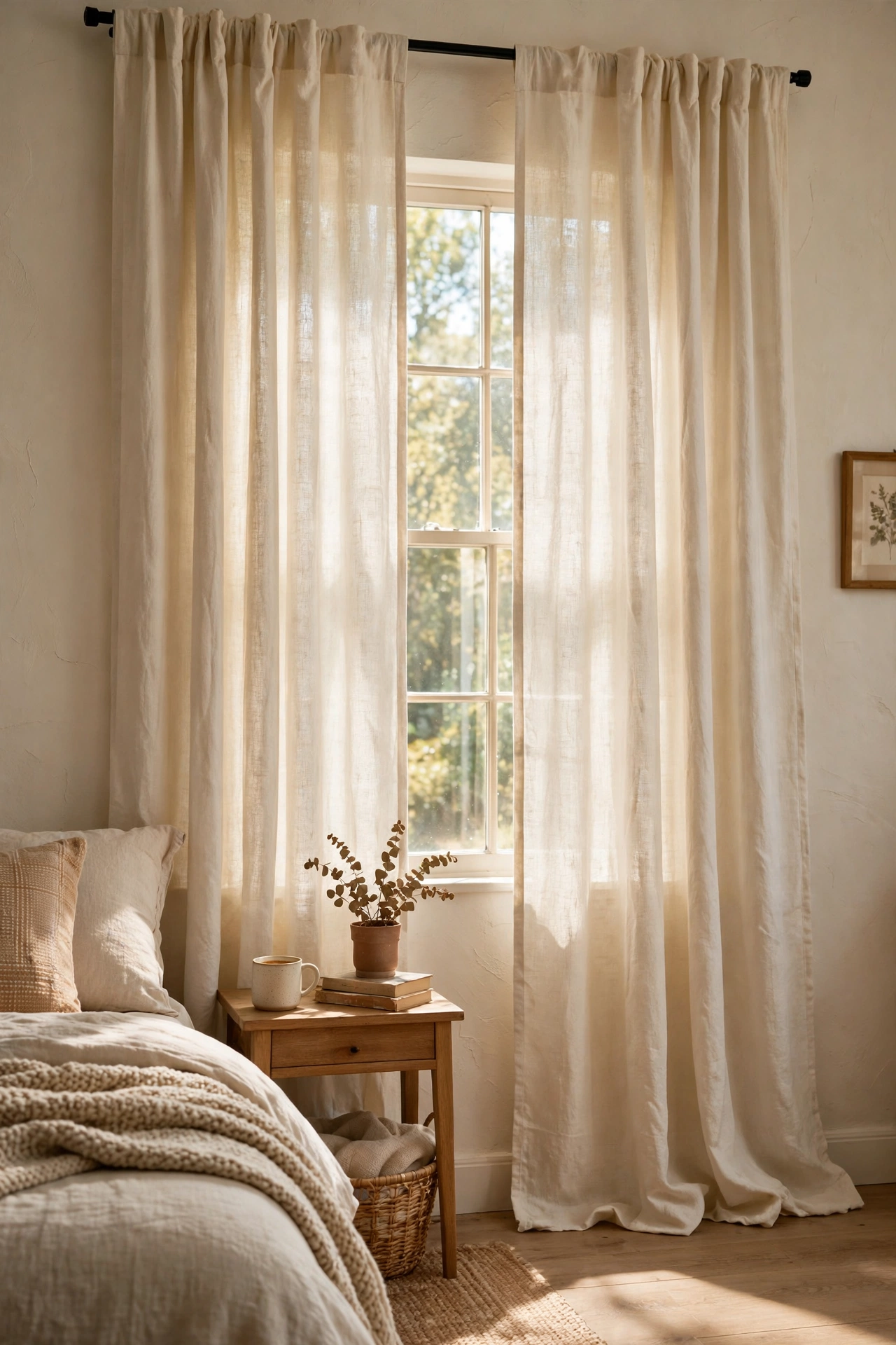 Cream linen curtain panels hemmed to floor length in a bedroom