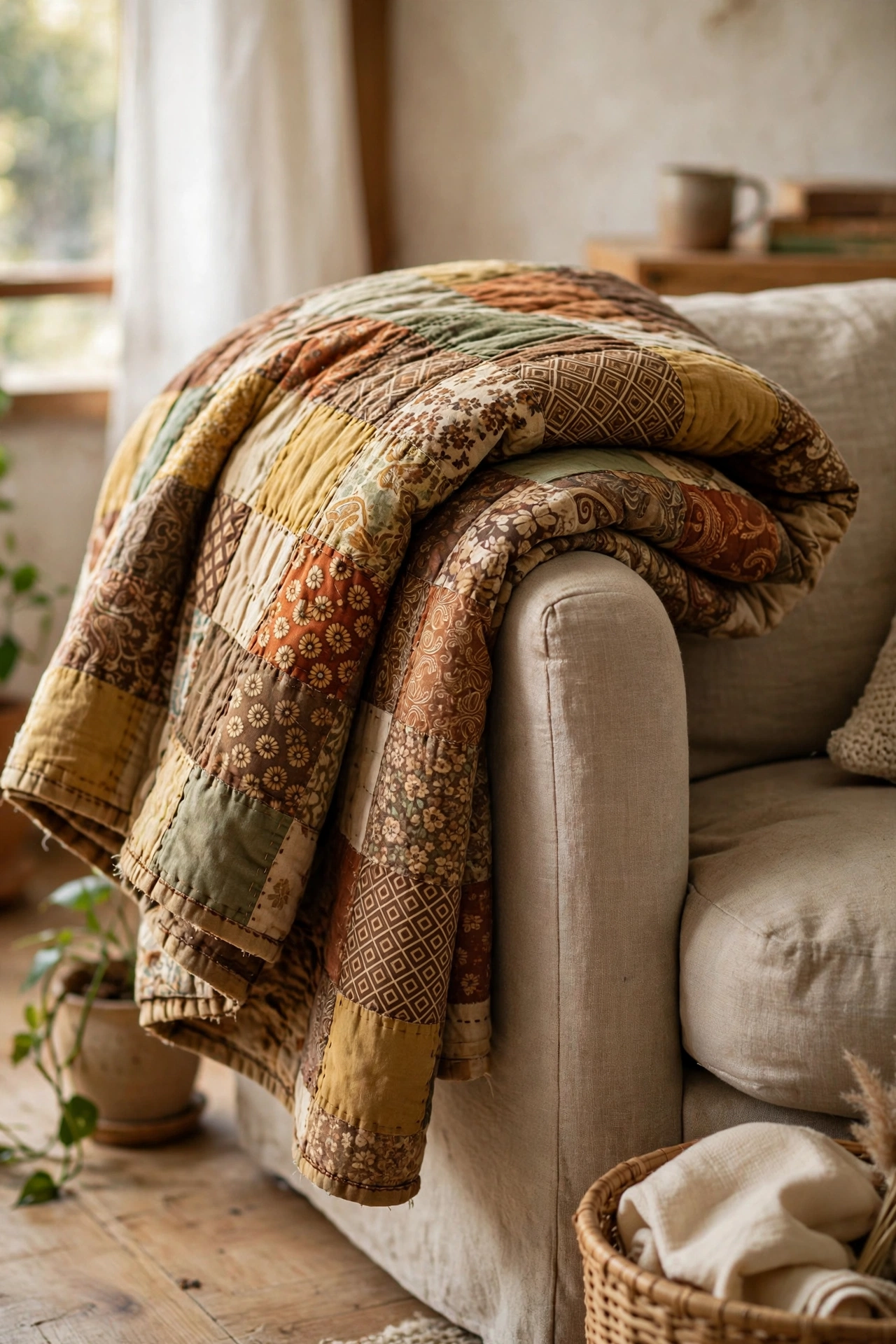 Vintage patchwork quilt folded over a sofa arm