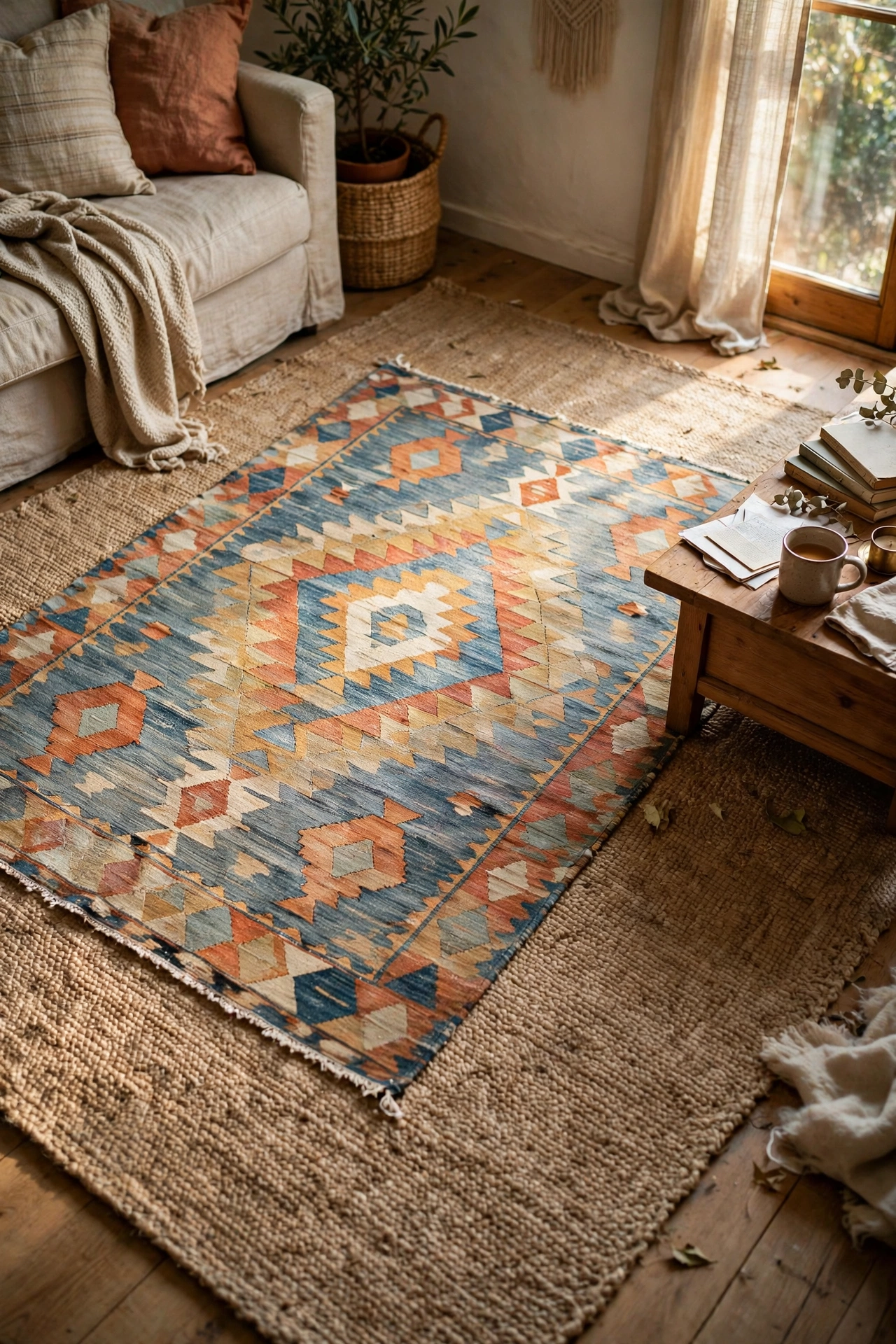 Faded flatweave rug layered at an angle over a jute rug