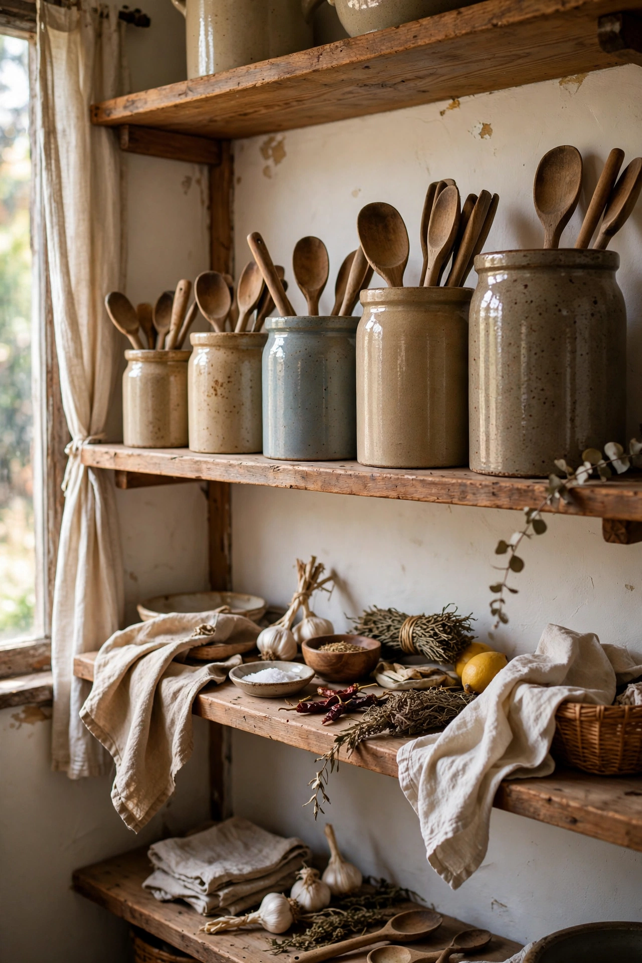 Row of vintage stoneware crocks on open kitchen shelving