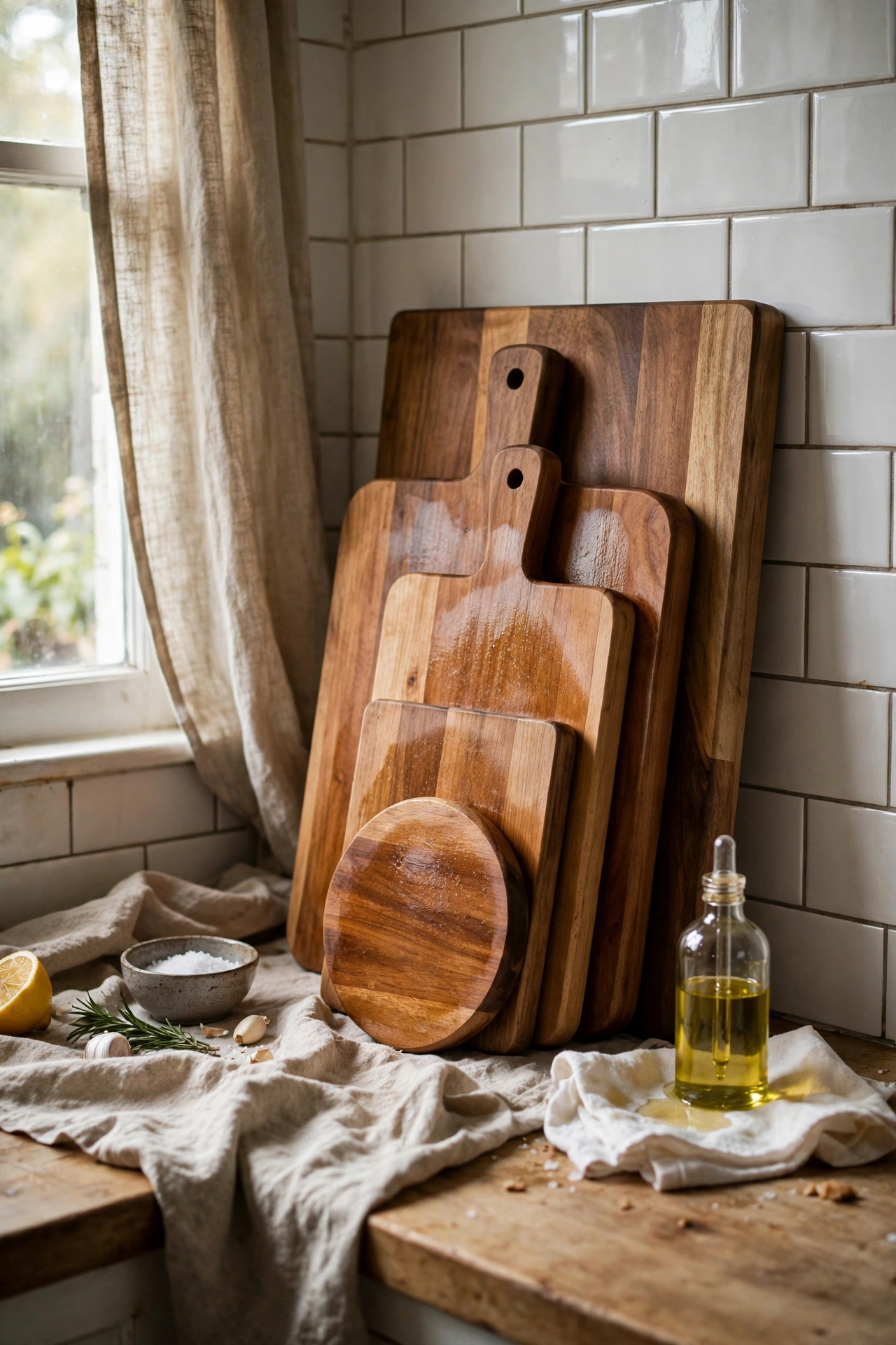 Oiled wooden chopping boards leaning against a kitchen splashback