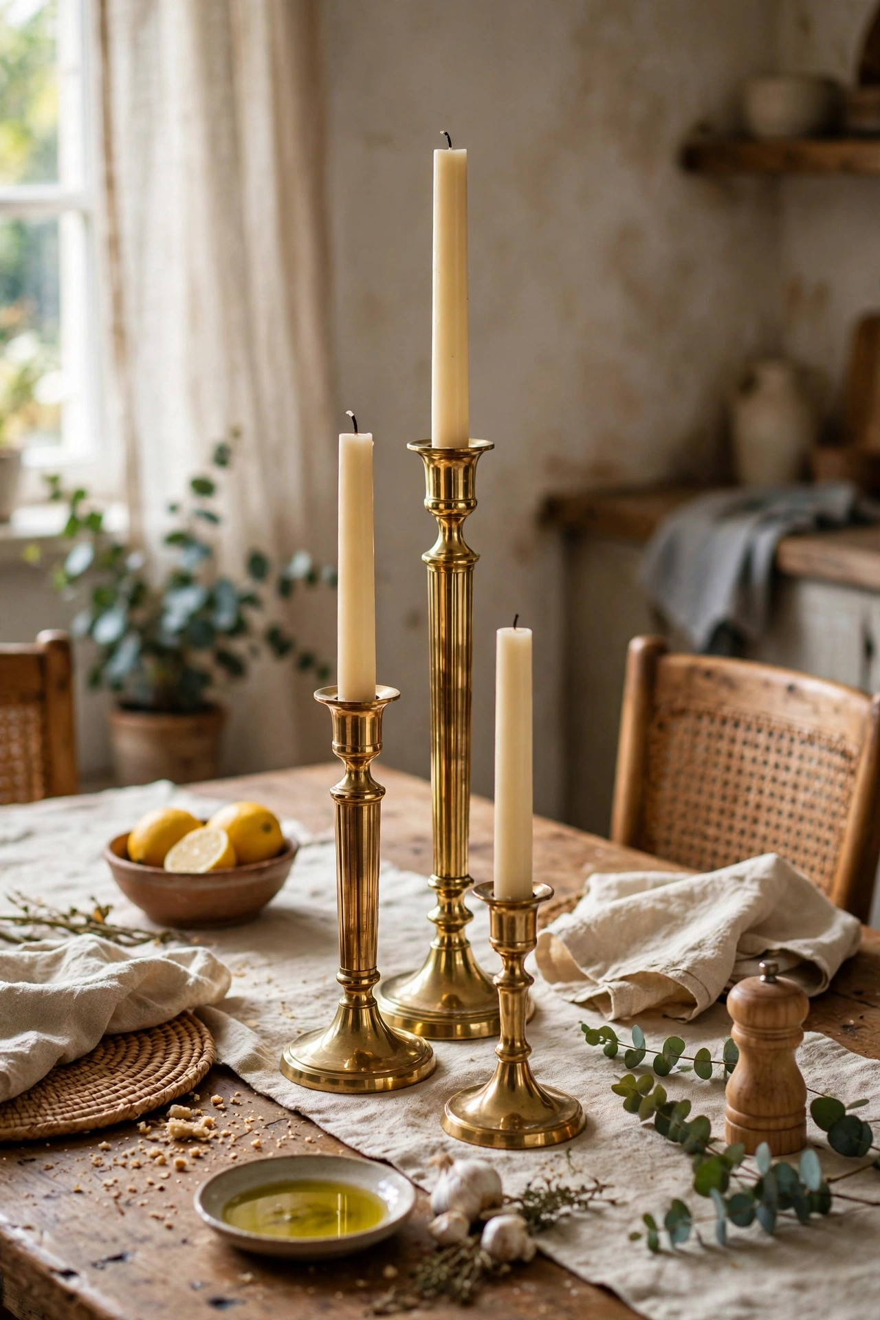 Polished brass candlesticks with cream tapers on a dining table