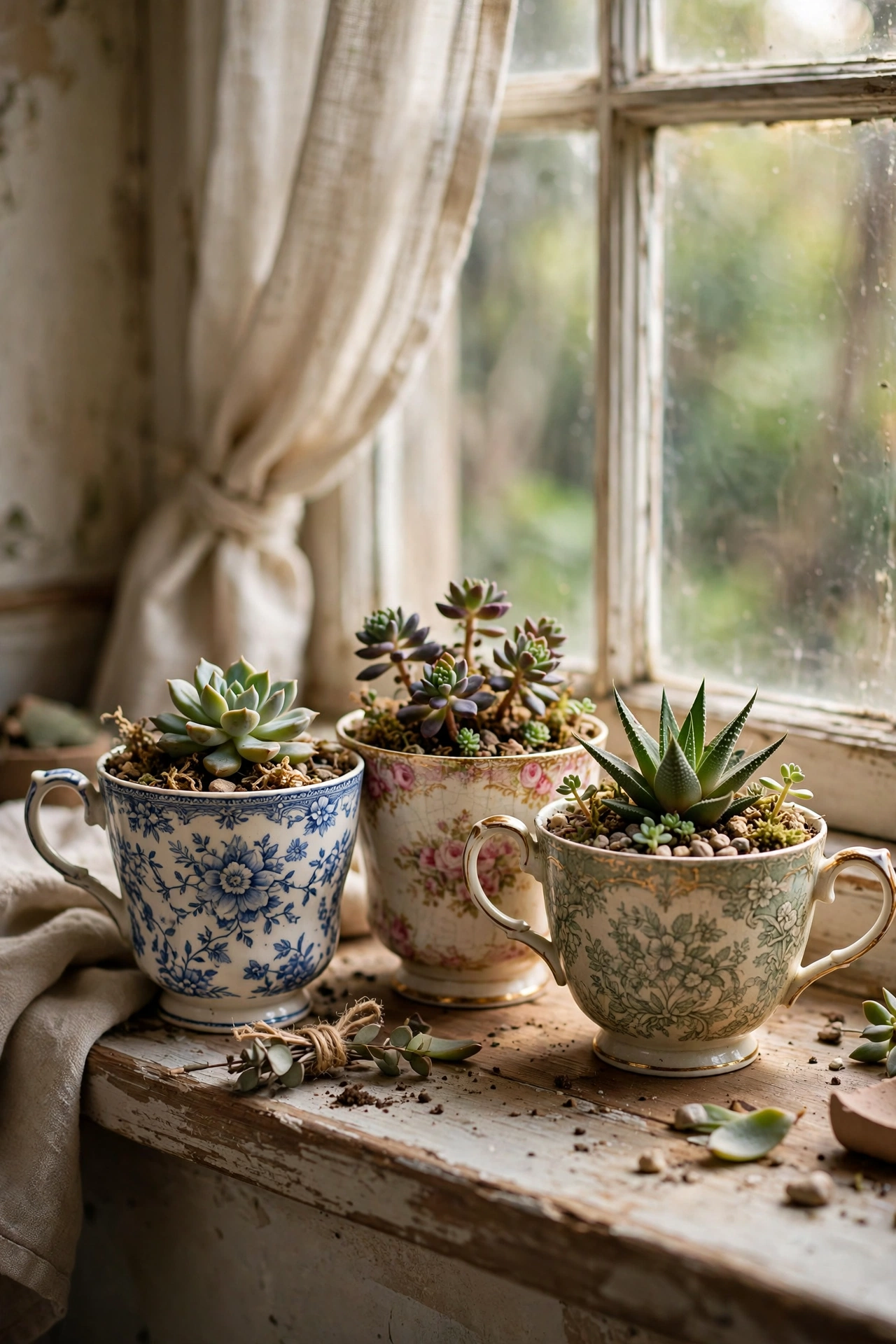 Vintage teacups planted with succulents on a kitchen windowsill