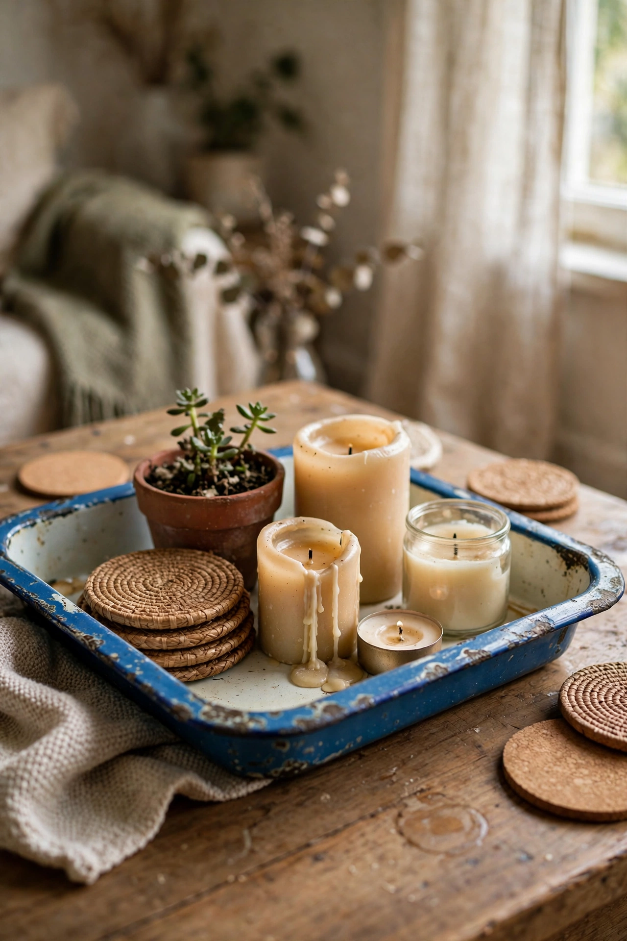 Blue-rimmed enamel tray styling a coffee table with candles and plant