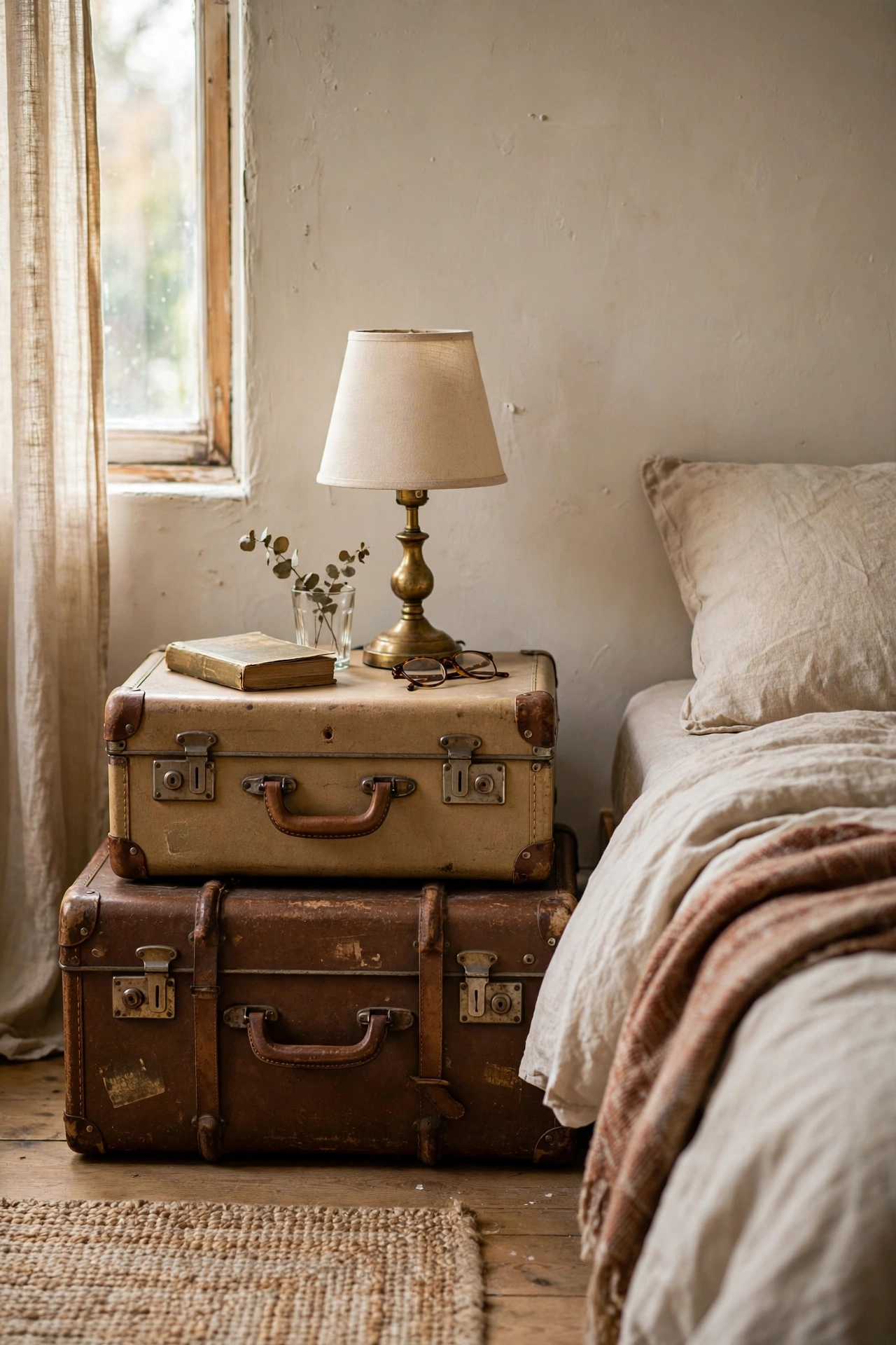 Stack of vintage suitcases used as a nightstand beside a bed