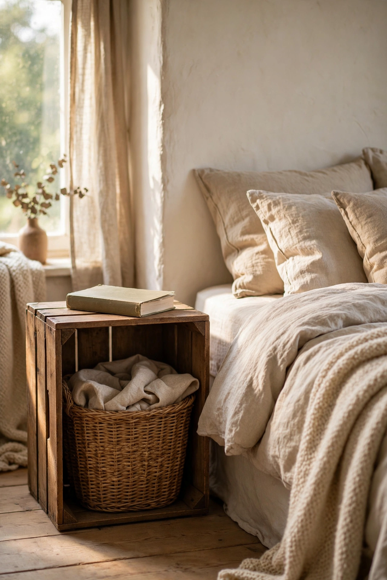 Wooden crate on its side as a nightstand with a basket inside