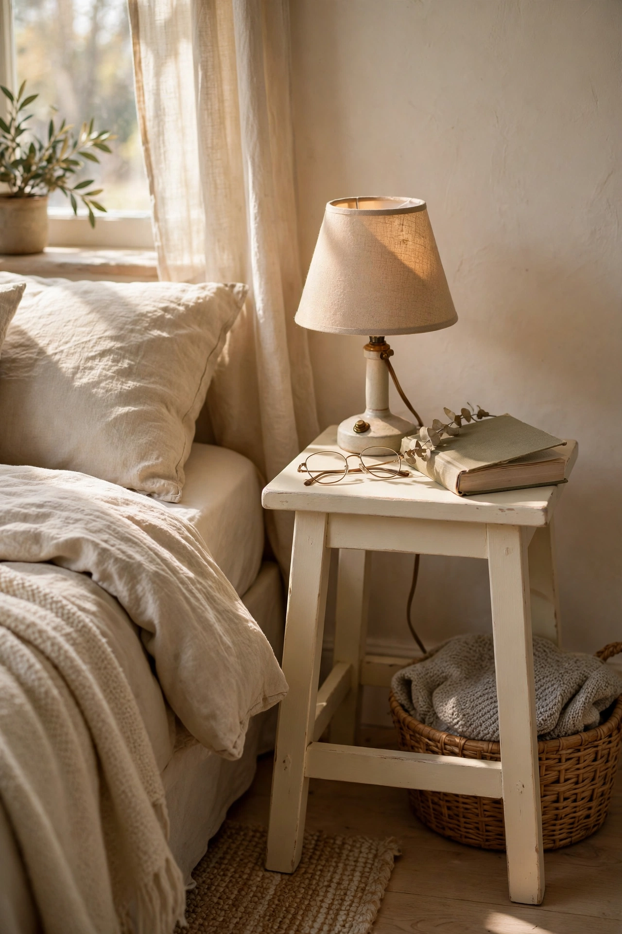 Cream painted wooden stool used as a nightstand with a lamp