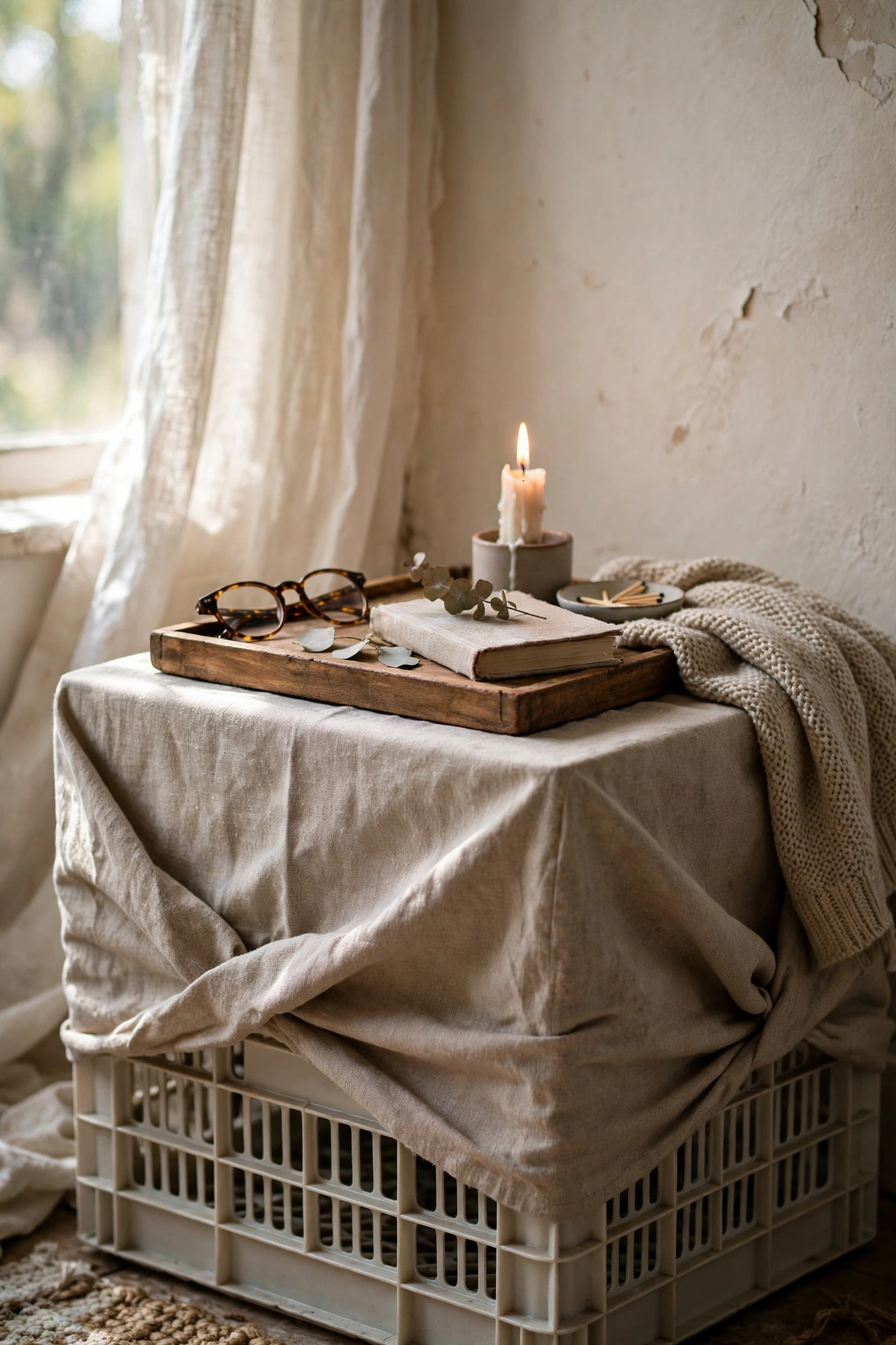 Milk crate wrapped in fabric as a nightstand with a wooden tray on top