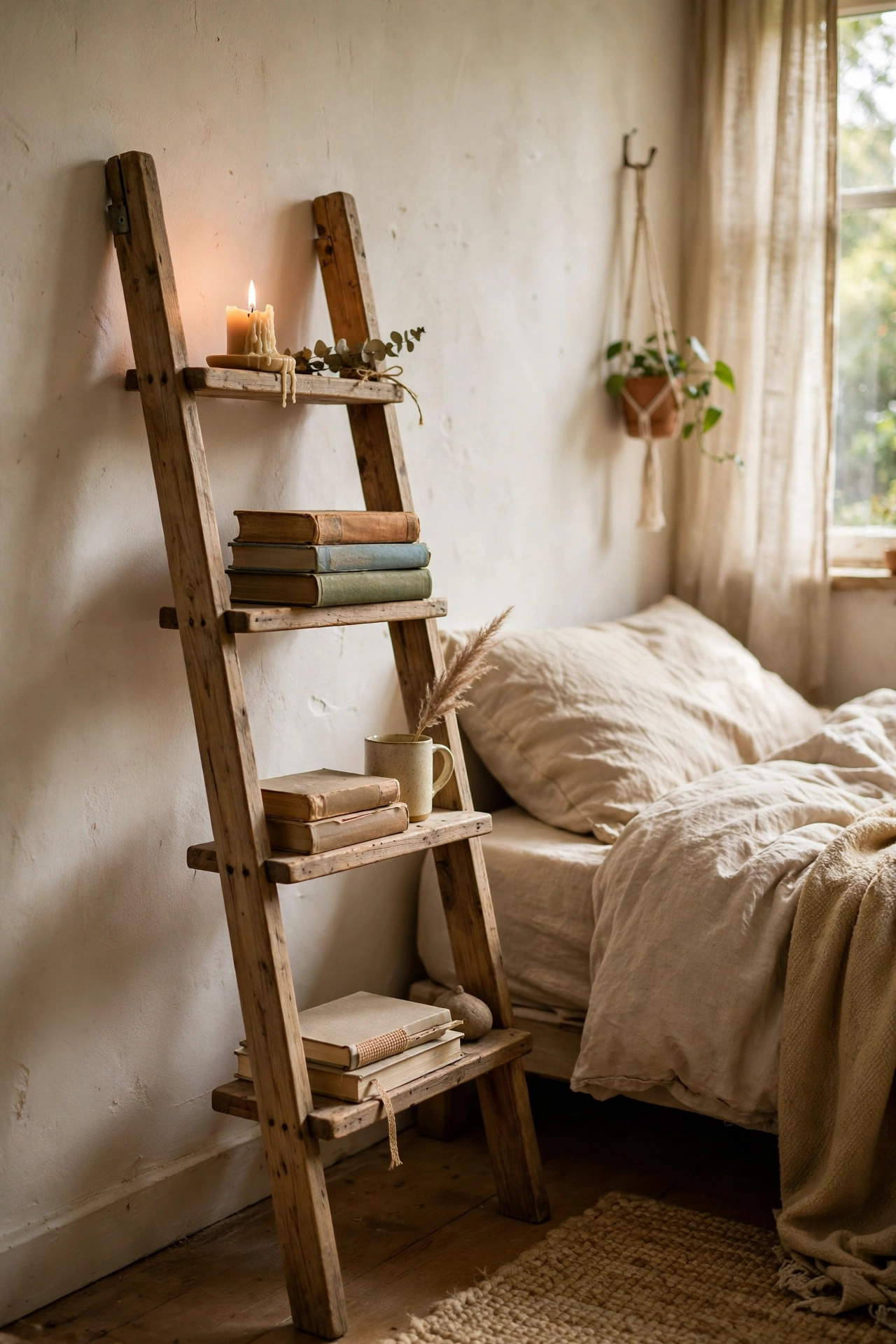 Small wooden ladder leaned against a wall as bedside shelving
