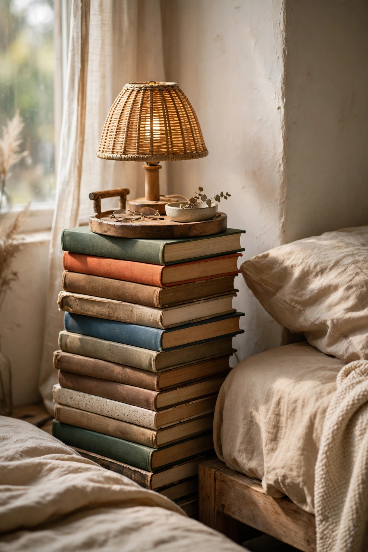 Stack of hardcover books topped with a tray as a nightstand
