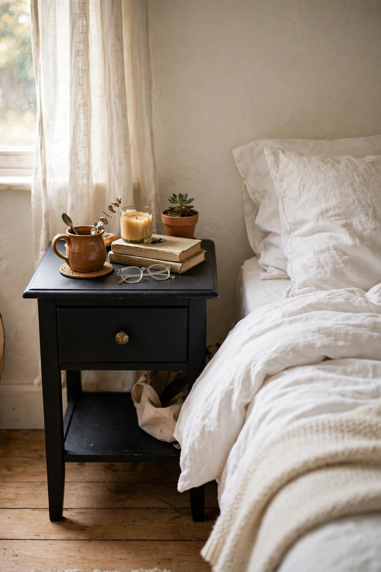 Thrifted end table spray-painted matte black as a nightstand