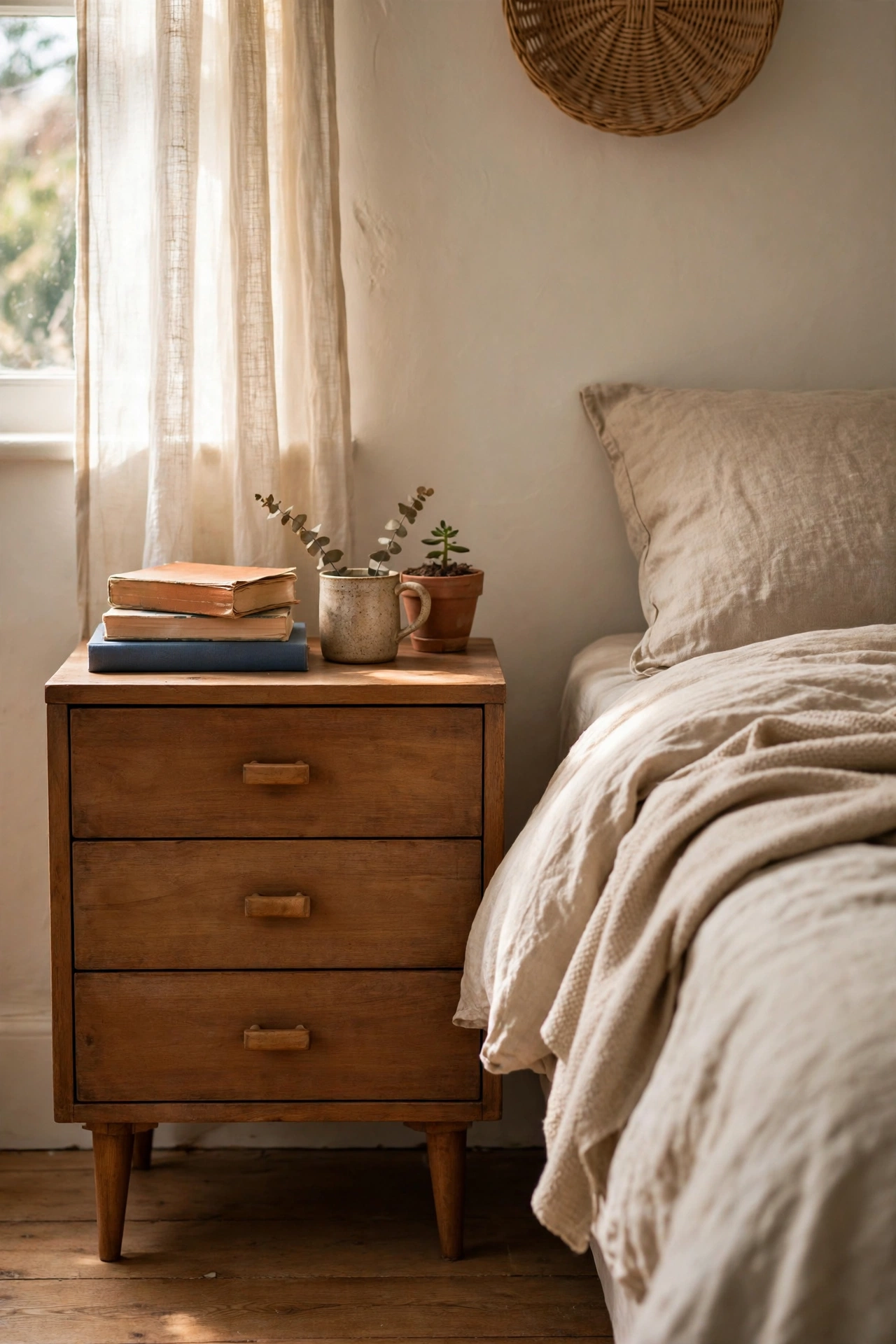 Dresser drawer on tapered legs used as a nightstand