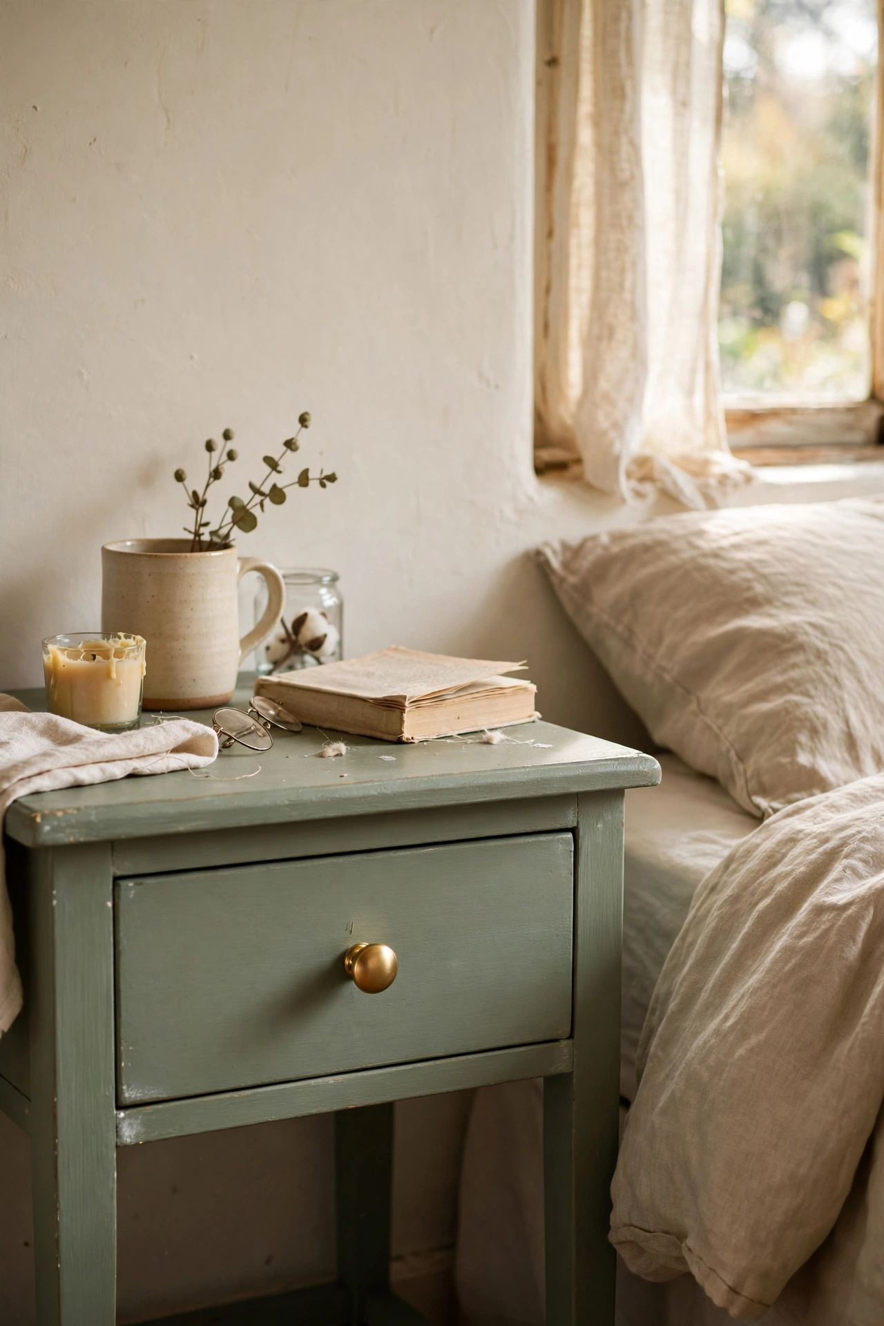 Sage green chalk-painted bedside table with a brass knob