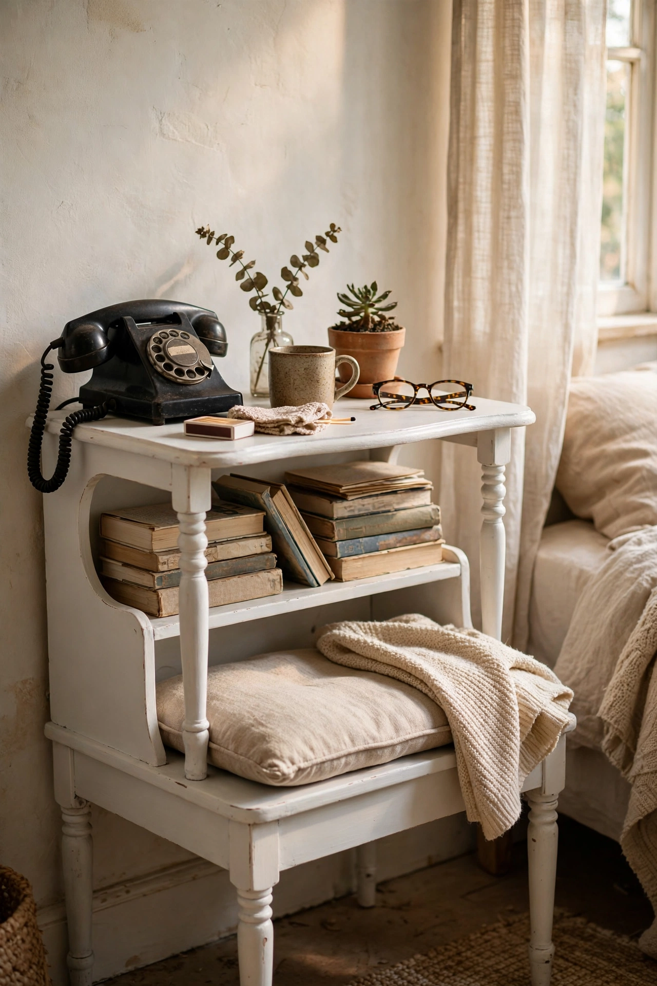 Vintage telephone table painted white used as a nightstand