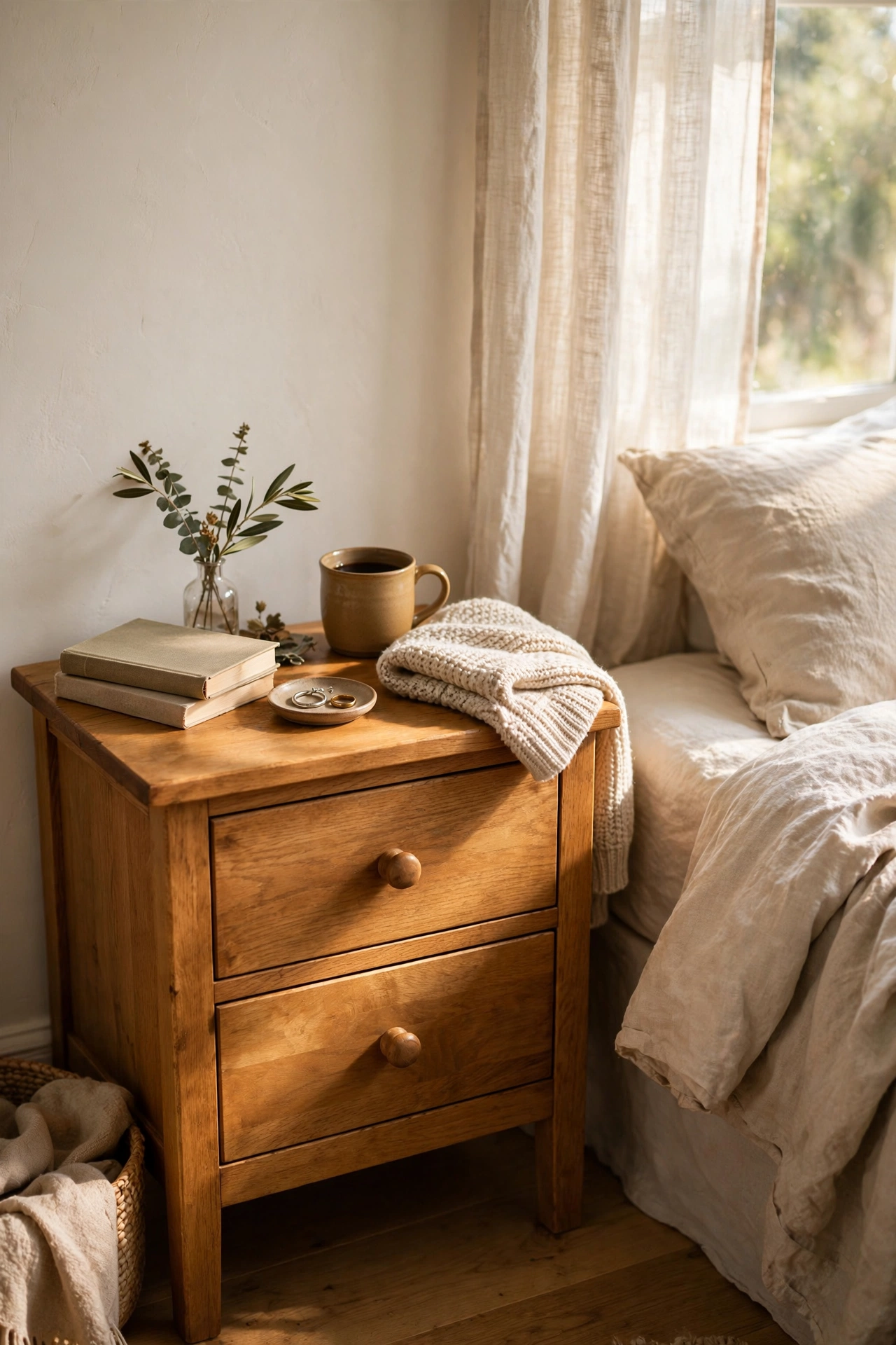 Oak nightstand sanded and oiled to a warm honey colour