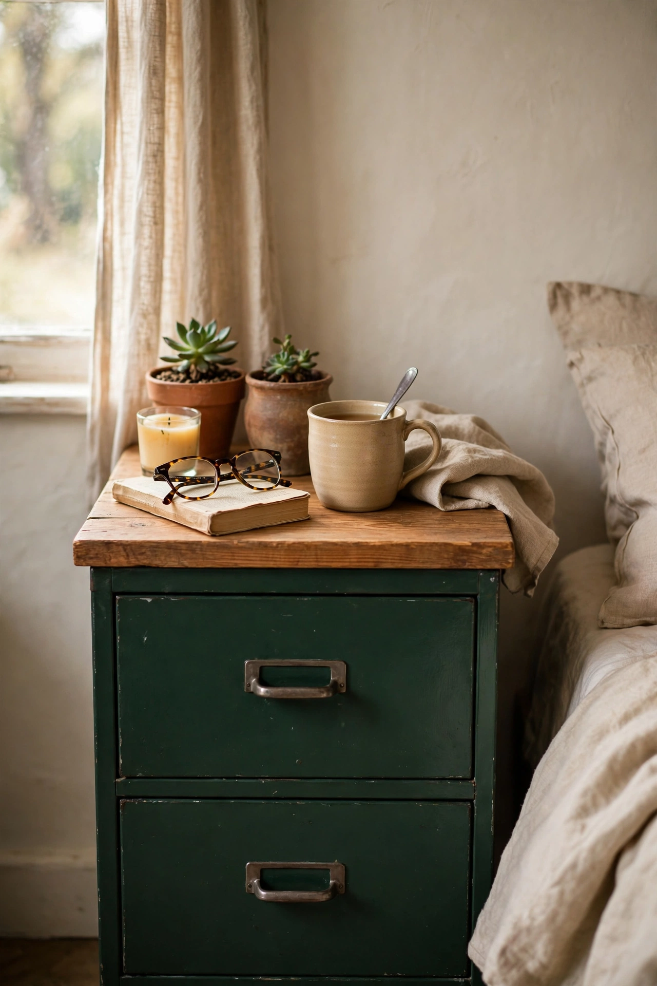 Deep green painted filing cabinet as a bedside table