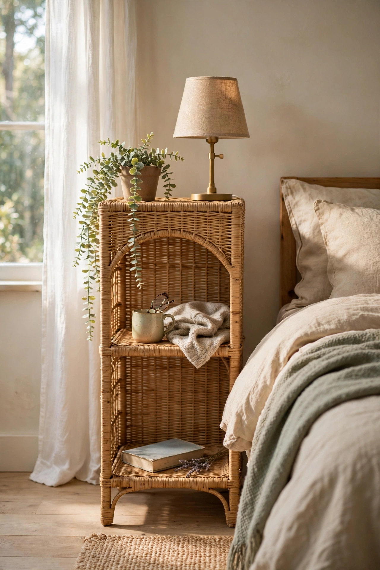 Tall wicker plant stand used as an airy nightstand