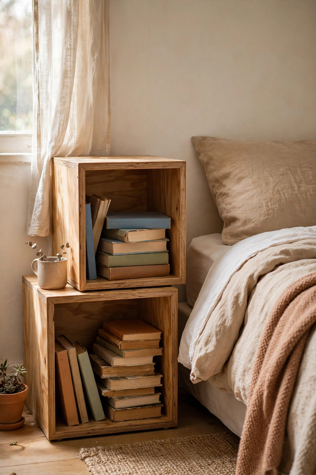 Two stacked plywood cubes as a modern nightstand
