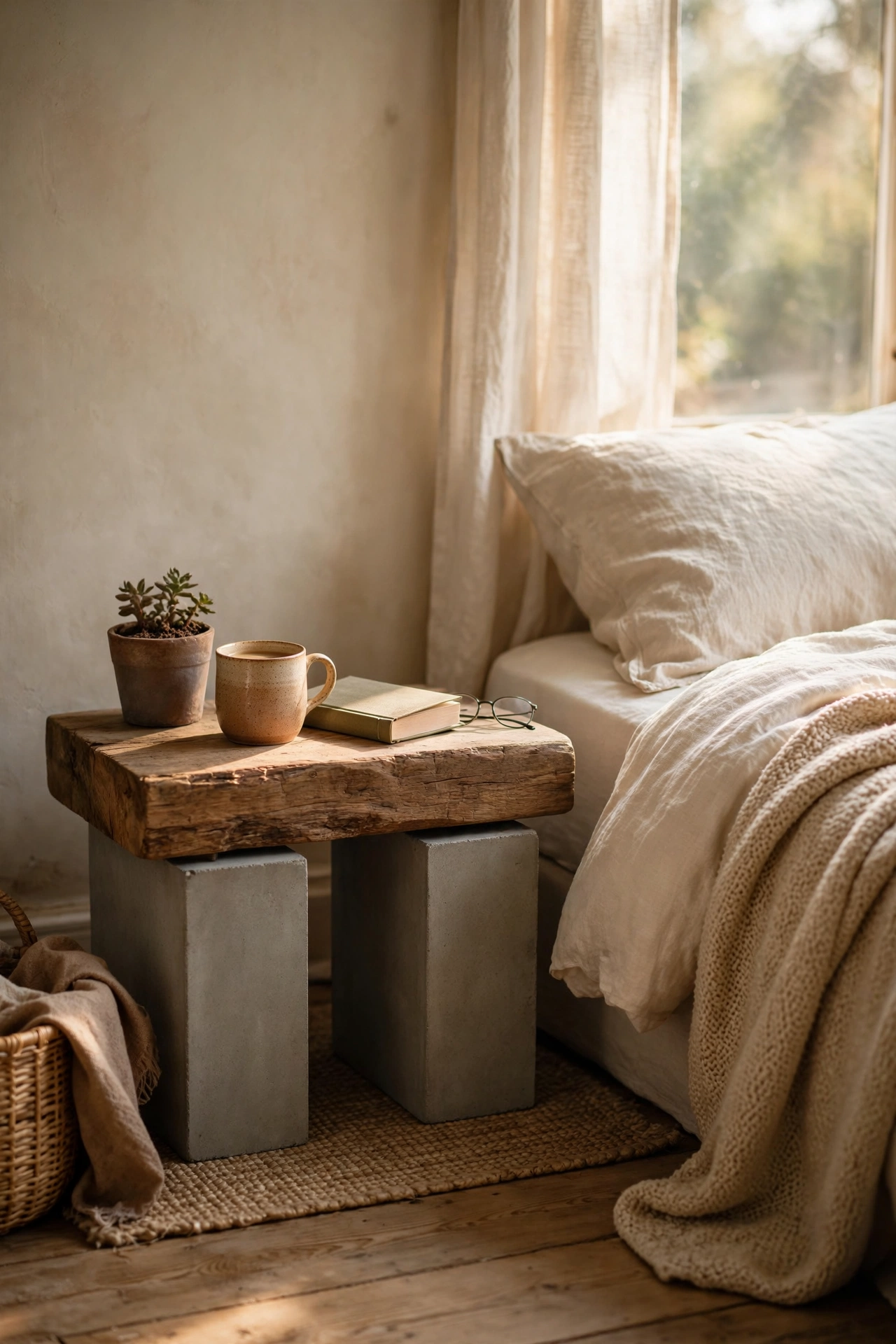 Concrete blocks with a timber slab as an industrial nightstand