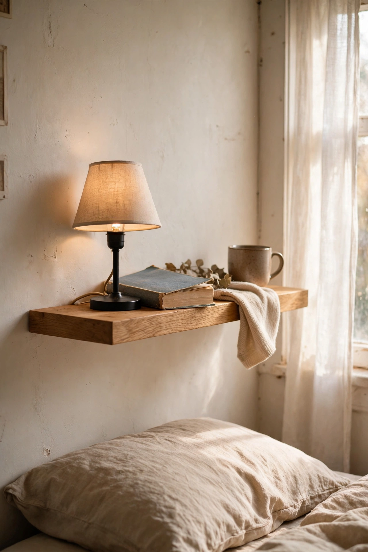Floating oak shelf mounted on a bedroom wall as a nightstand