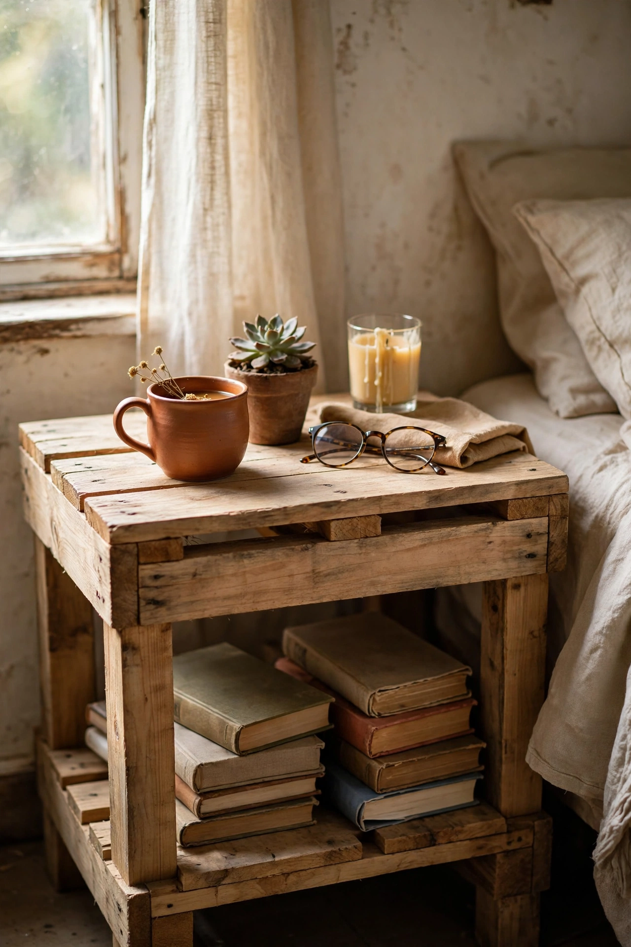 Rustic pallet wood bedside table with a lower shelf