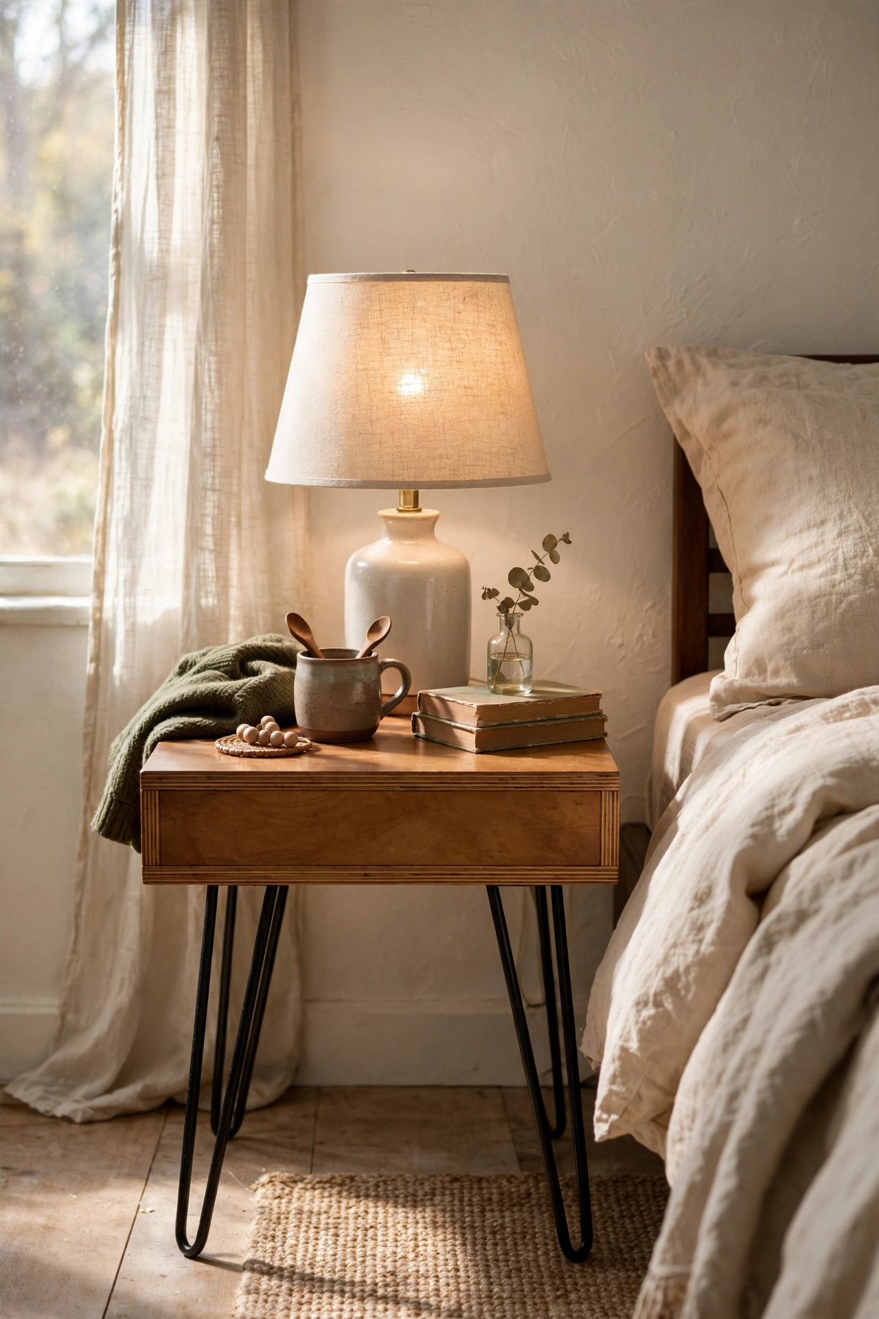 Plywood top on hairpin legs as a mid-century nightstand