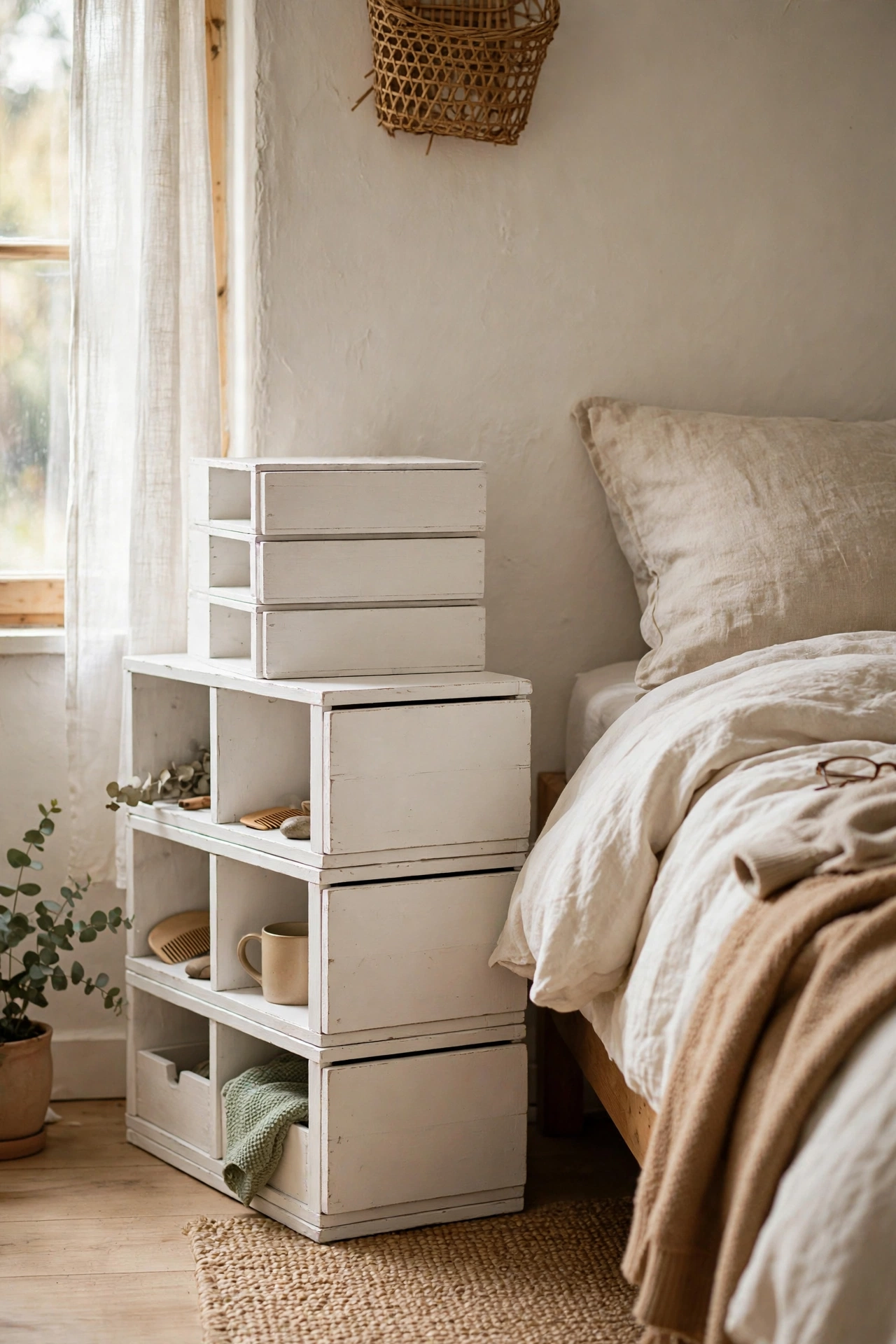 Stacked wooden drawer boxes screwed together as a nightstand