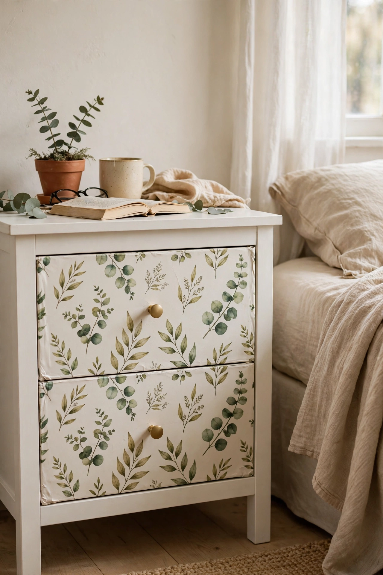 White nightstand with botanical peel-and-stick wallpaper drawer fronts