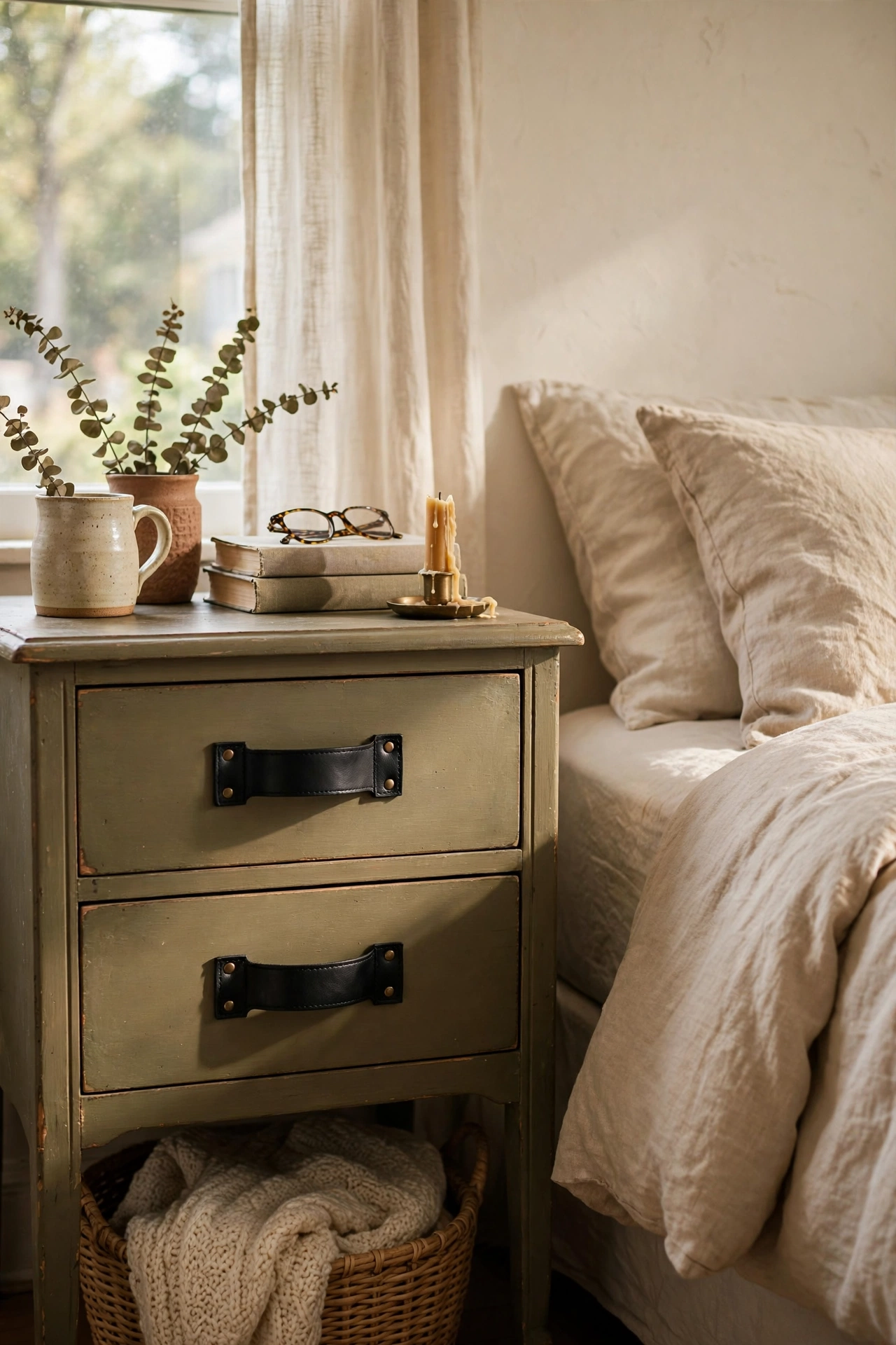 Nightstand with new black leather drawer pulls
