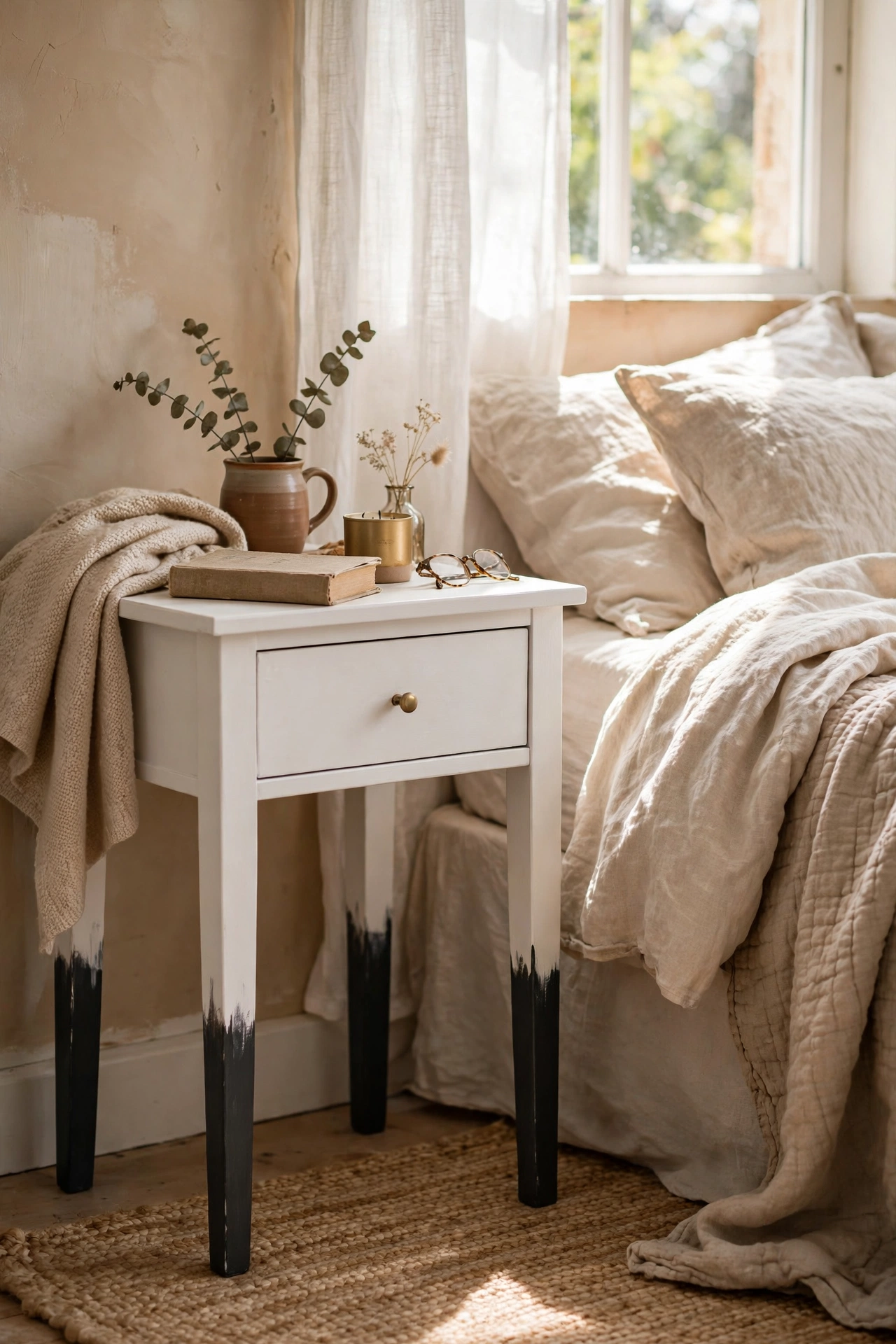 White nightstand with charcoal dipped legs