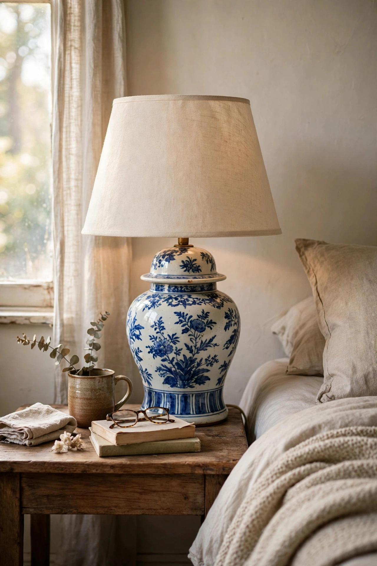 Thrifted ceramic ginger-jar lamp base on a nightstand