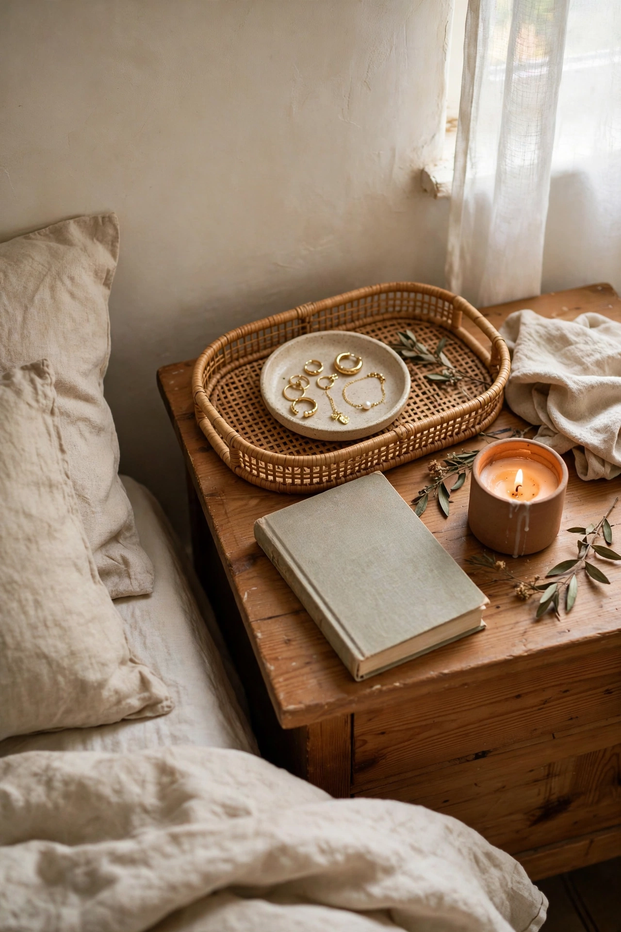 Rattan tray organising jewellery and a book on a nightstand