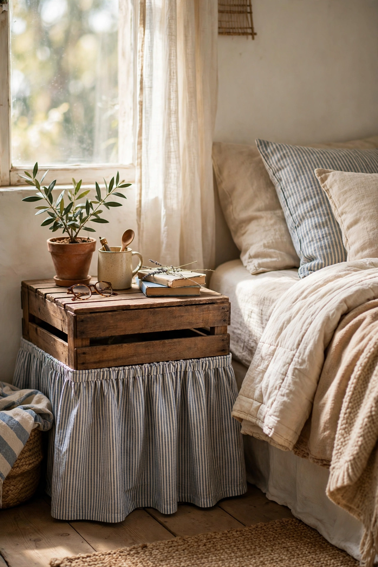 Crate nightstand with a striped ticking fabric skirt