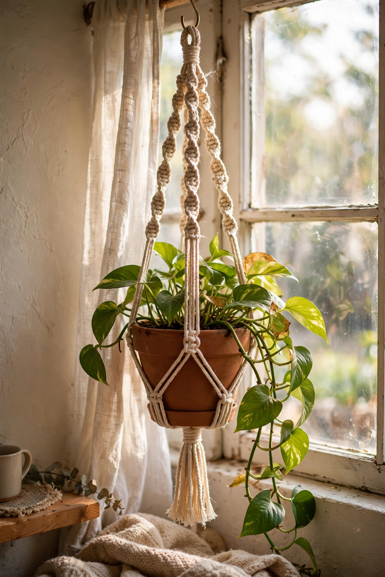 Handmade macramé plant hanger holding a trailing pothos in a bright corner
