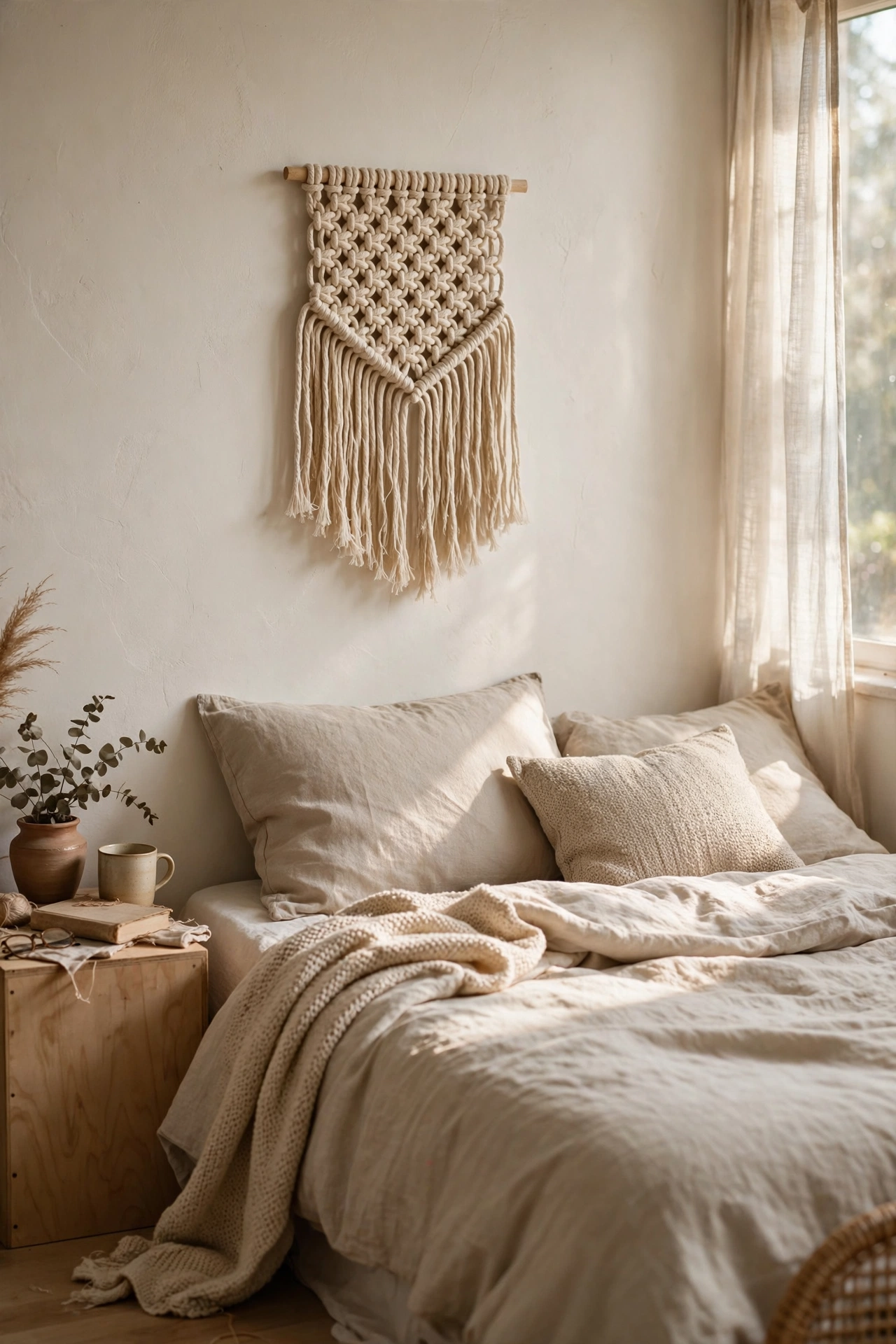 Beige macramé wall hanging with combed fringe above a bed