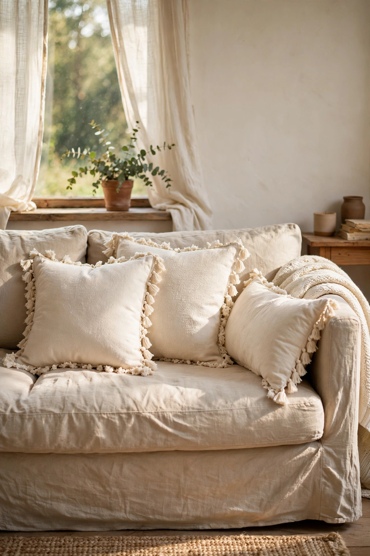 Cream cushions with bullion fringe trim on a beige sofa