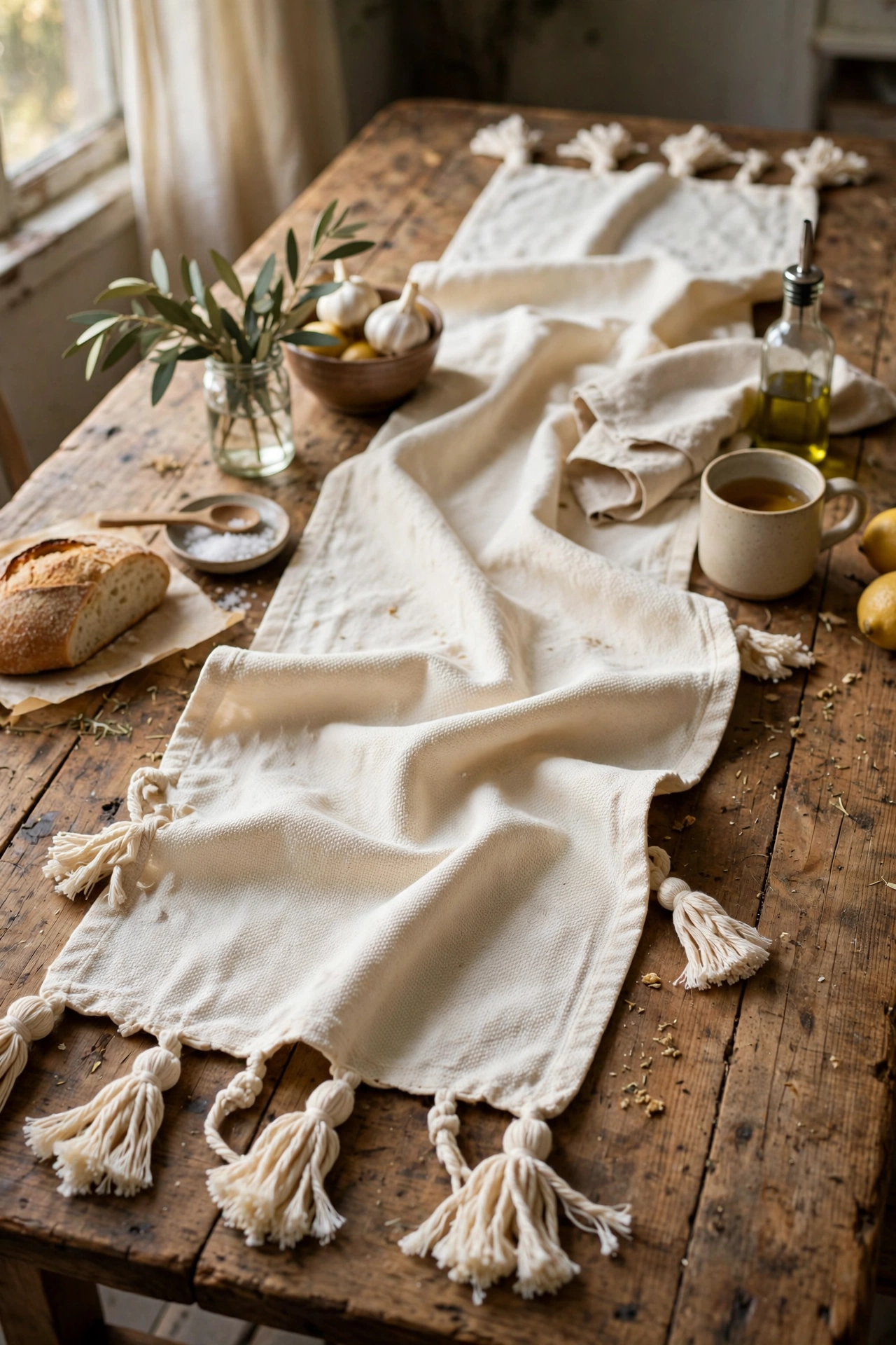 Cream cotton table runner with hand-tied tassels on a wooden dining table