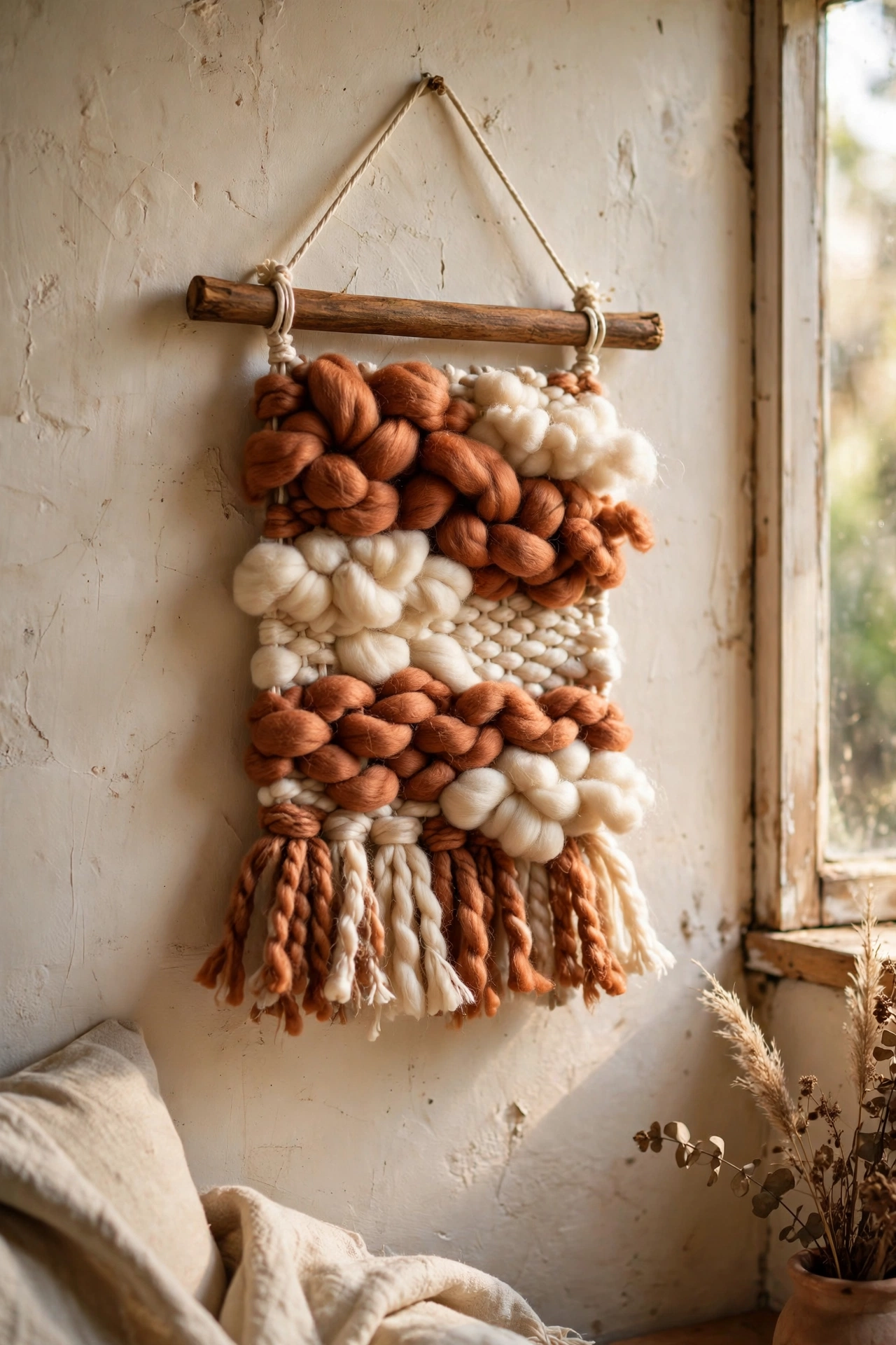 Handwoven yarn wall hanging in earthy tones on a wooden dowel
