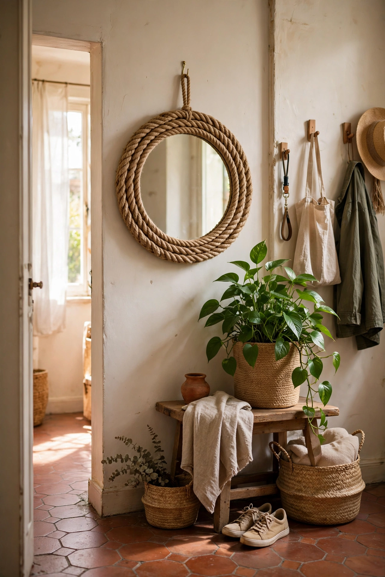Round mirror wrapped in jute rope hanging in a hallway