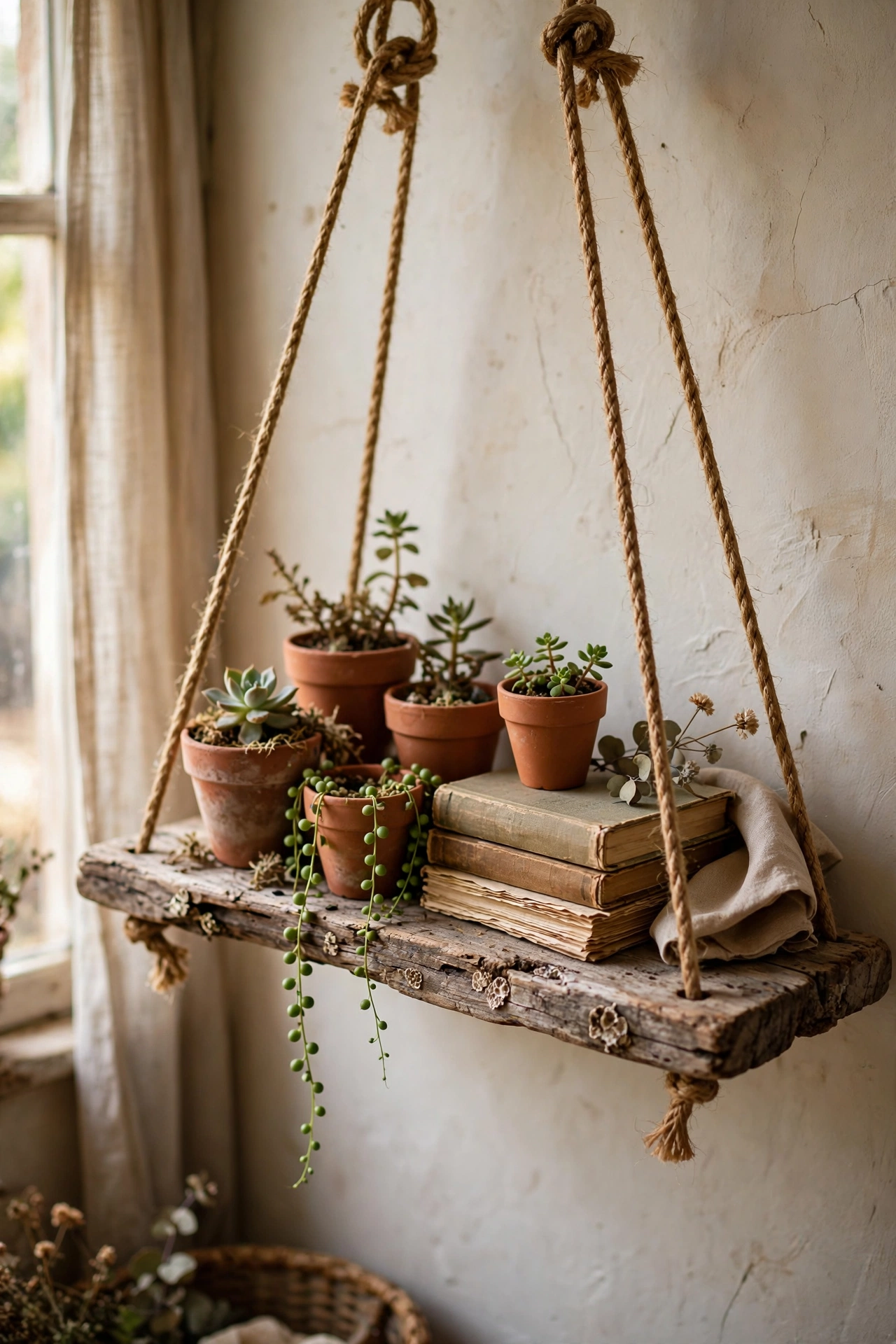 Driftwood shelf hanging from jute rope with small potted plants