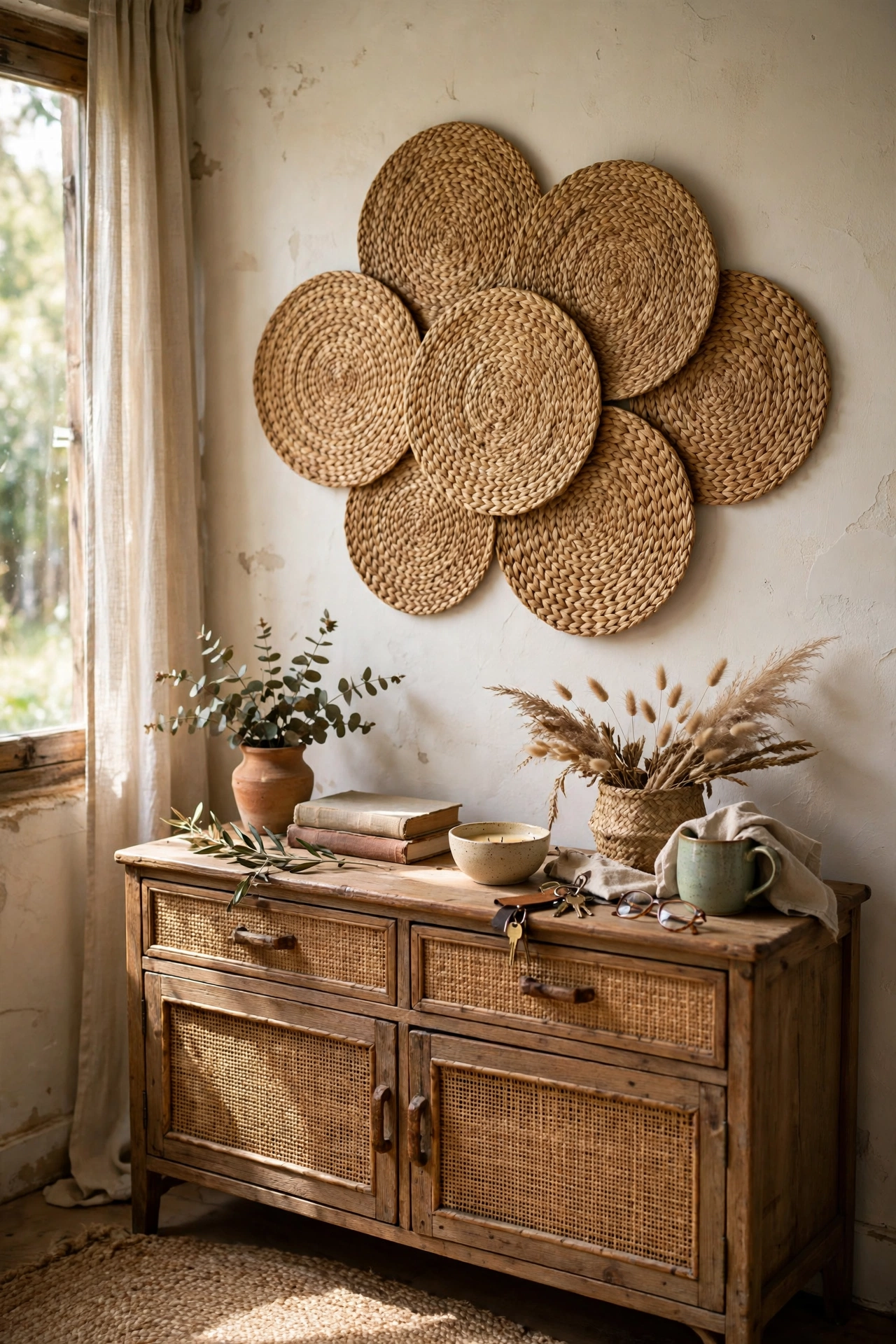 Cluster of round woven seagrass placemats arranged as wall art