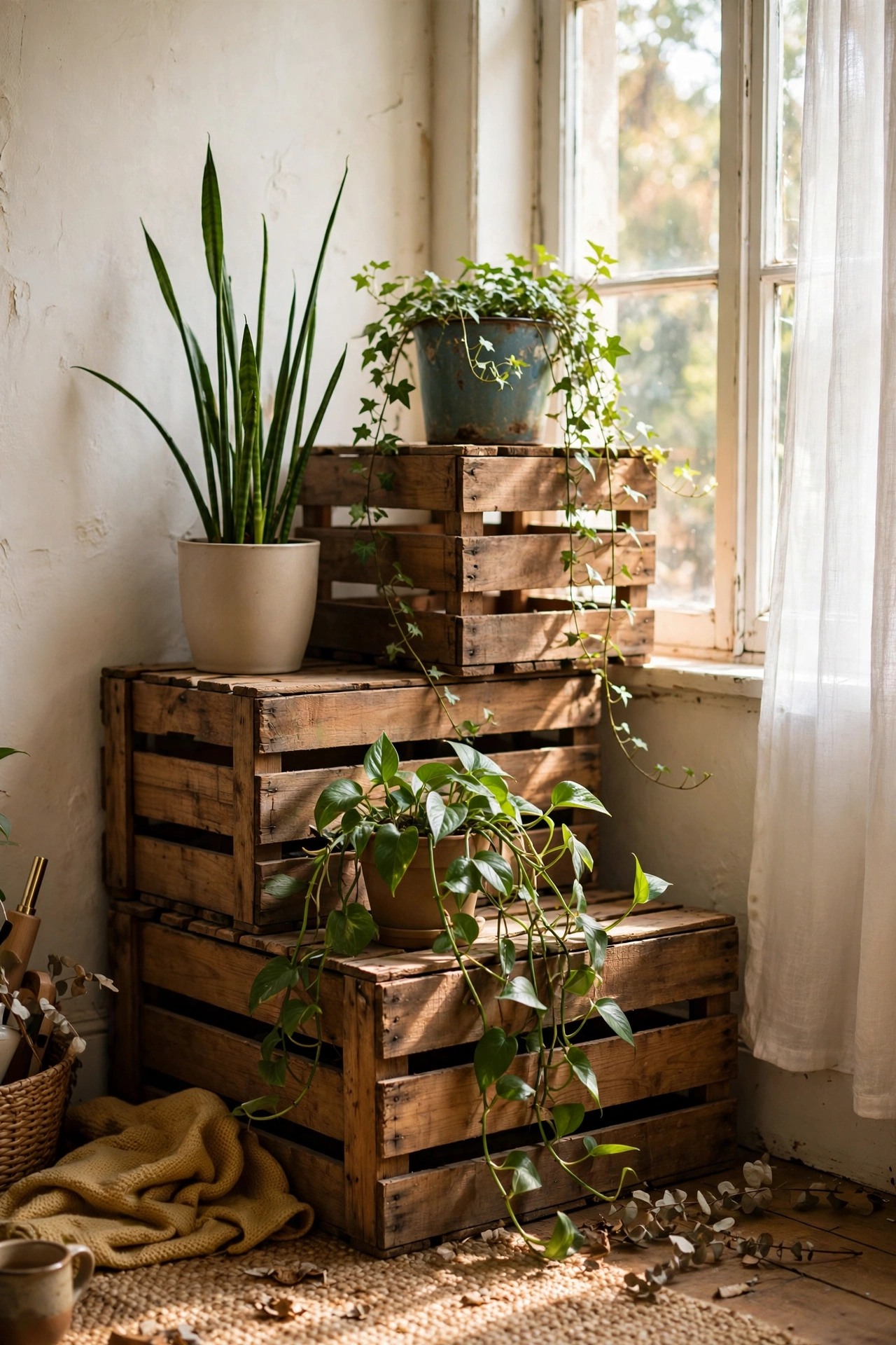 Wooden crates stacked in steps holding houseplants by a window